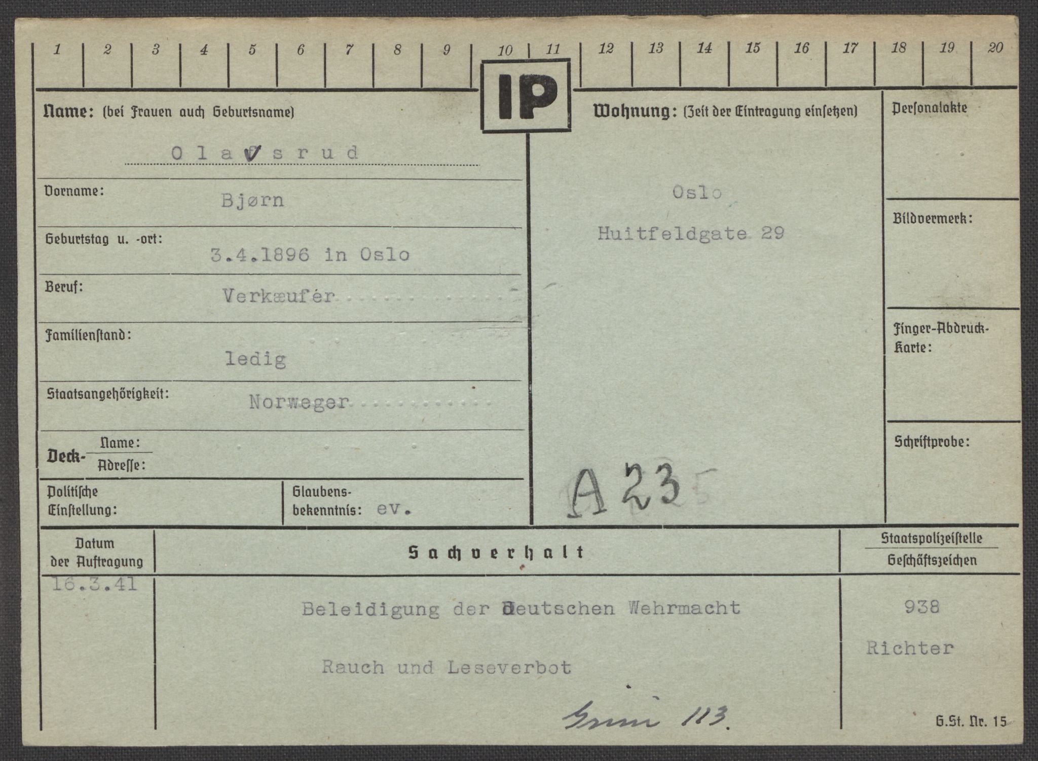 Befehlshaber der Sicherheitspolizei und des SD, AV/RA-RAFA-5969/E/Ea/Eaa/L0008: Register over norske fanger i Møllergata 19: Oelze-Ru, 1940-1945, s. 32