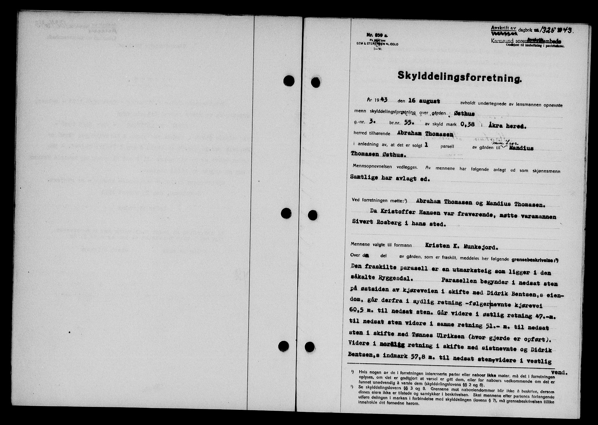 Karmsund sorenskriveri, SAST/A-100311/01/II/IIB/L0080: Pantebok nr. 61A, 1943-1943, Dagboknr: 1325/1943