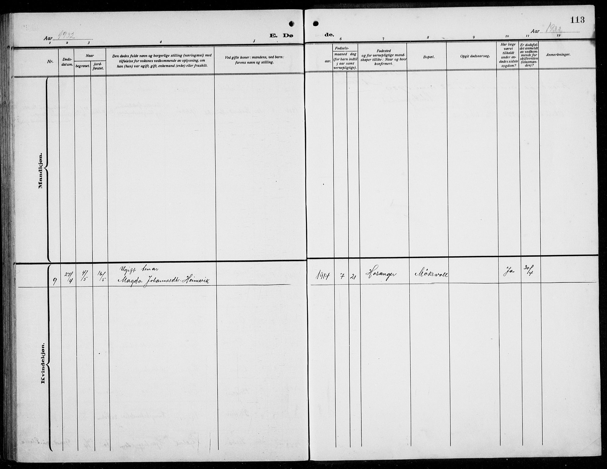 Alversund Sokneprestembete, AV/SAB-A-73901/H/Ha/Hab: Klokkerbok nr. B 5, 1914-1932, s. 113