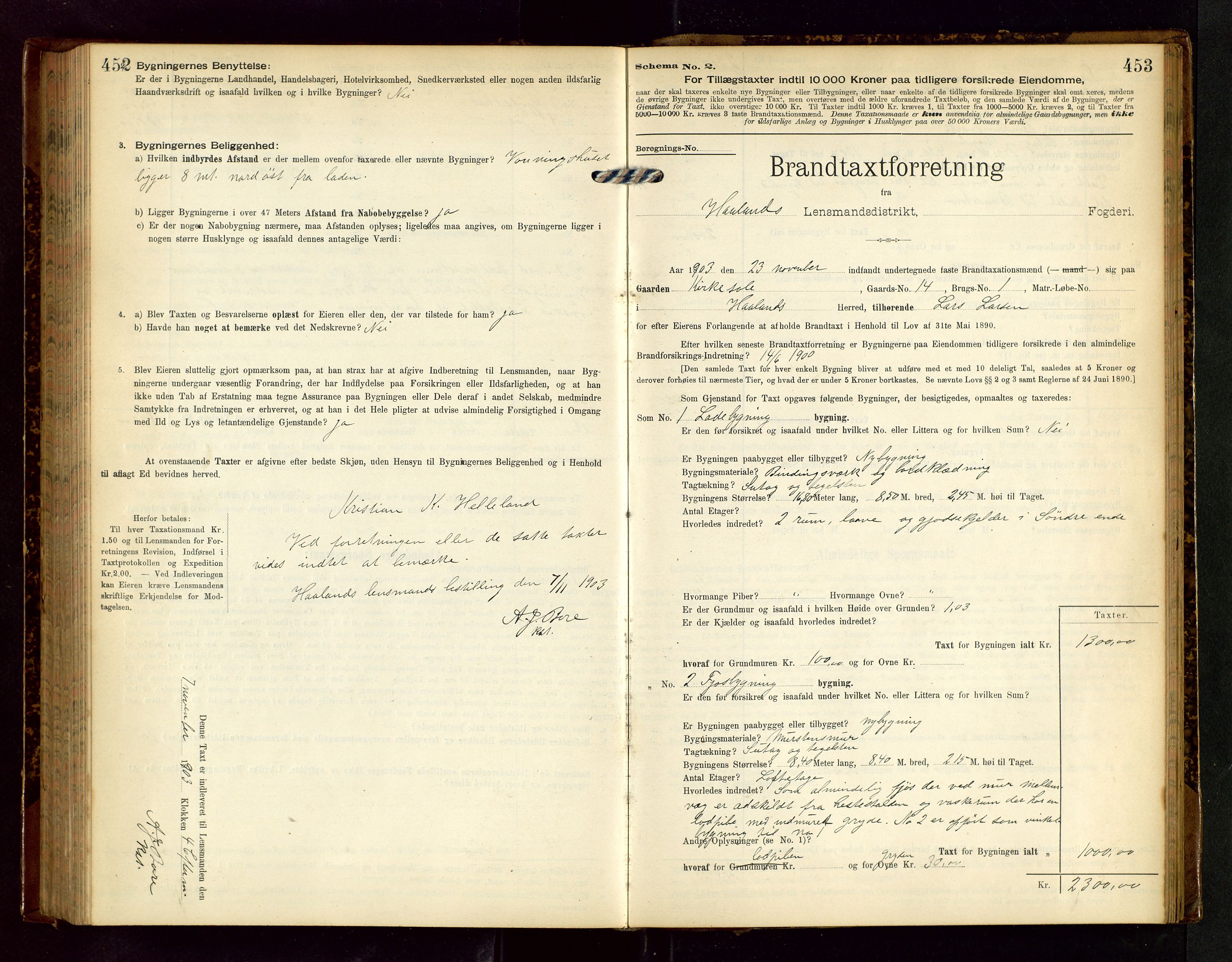 Håland lensmannskontor, SAST/A-100100/Gob/L0002: Branntakstprotokoll - skjematakst. Register i boken., 1902-1906, s. 452-453