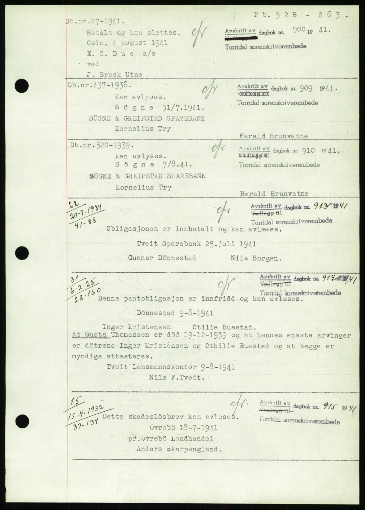 Torridal sorenskriveri, SAK/1221-0012/G/Gb/Gbb/L0008: Pantebok nr. 52b, 1940-1942, Dagboknr: 900/1941