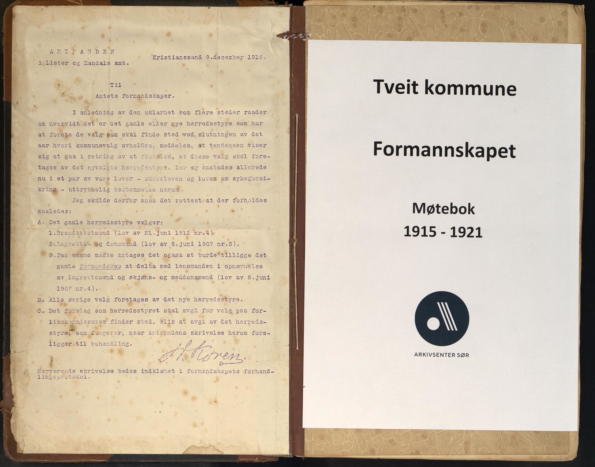 Tveit kommune - Formannskapet/ Kommunestyret, IKAV/1001TV120/A/L0005: Møtebok (d), 1915-1921