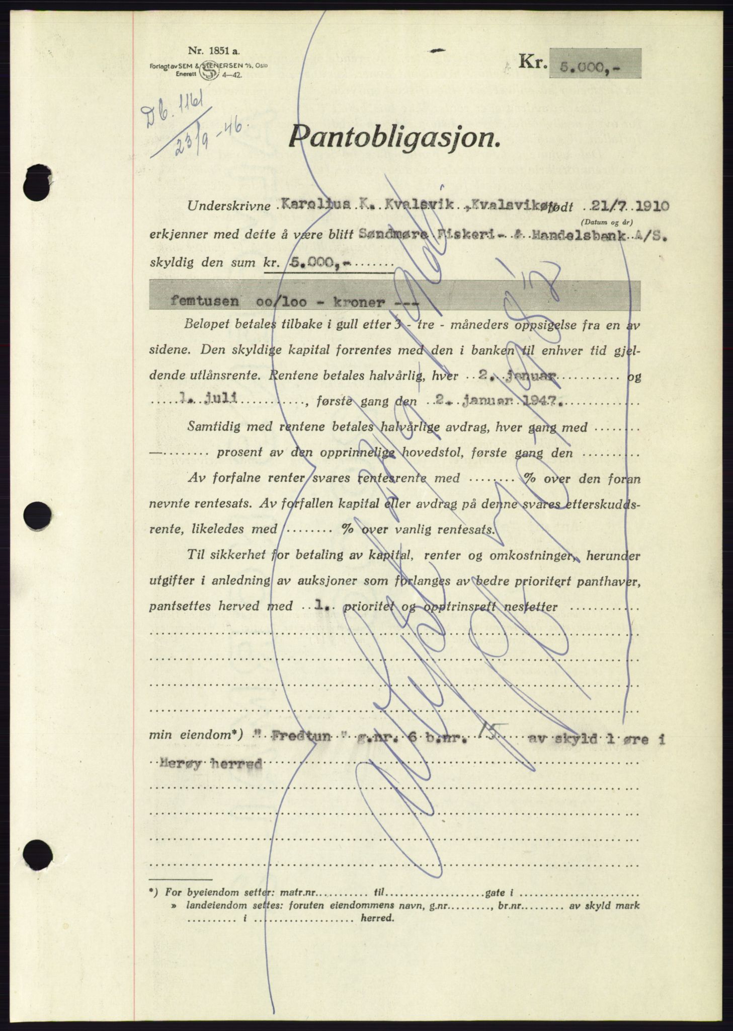 Søre Sunnmøre sorenskriveri, AV/SAT-A-4122/1/2/2C/L0114: Pantebok nr. 1-2B, 1943-1947, Dagboknr: 1161/1946