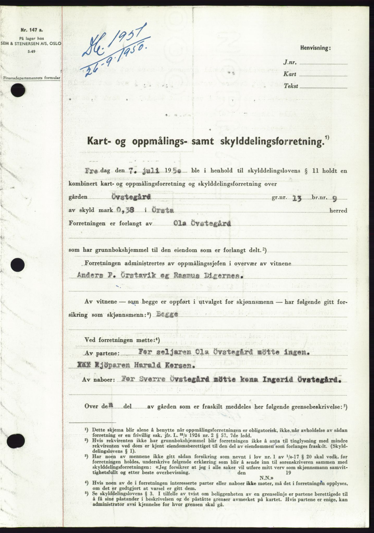 Søre Sunnmøre sorenskriveri, AV/SAT-A-4122/1/2/2C/L0087: Pantebok nr. 13A, 1950-1950, Dagboknr: 1951/1950