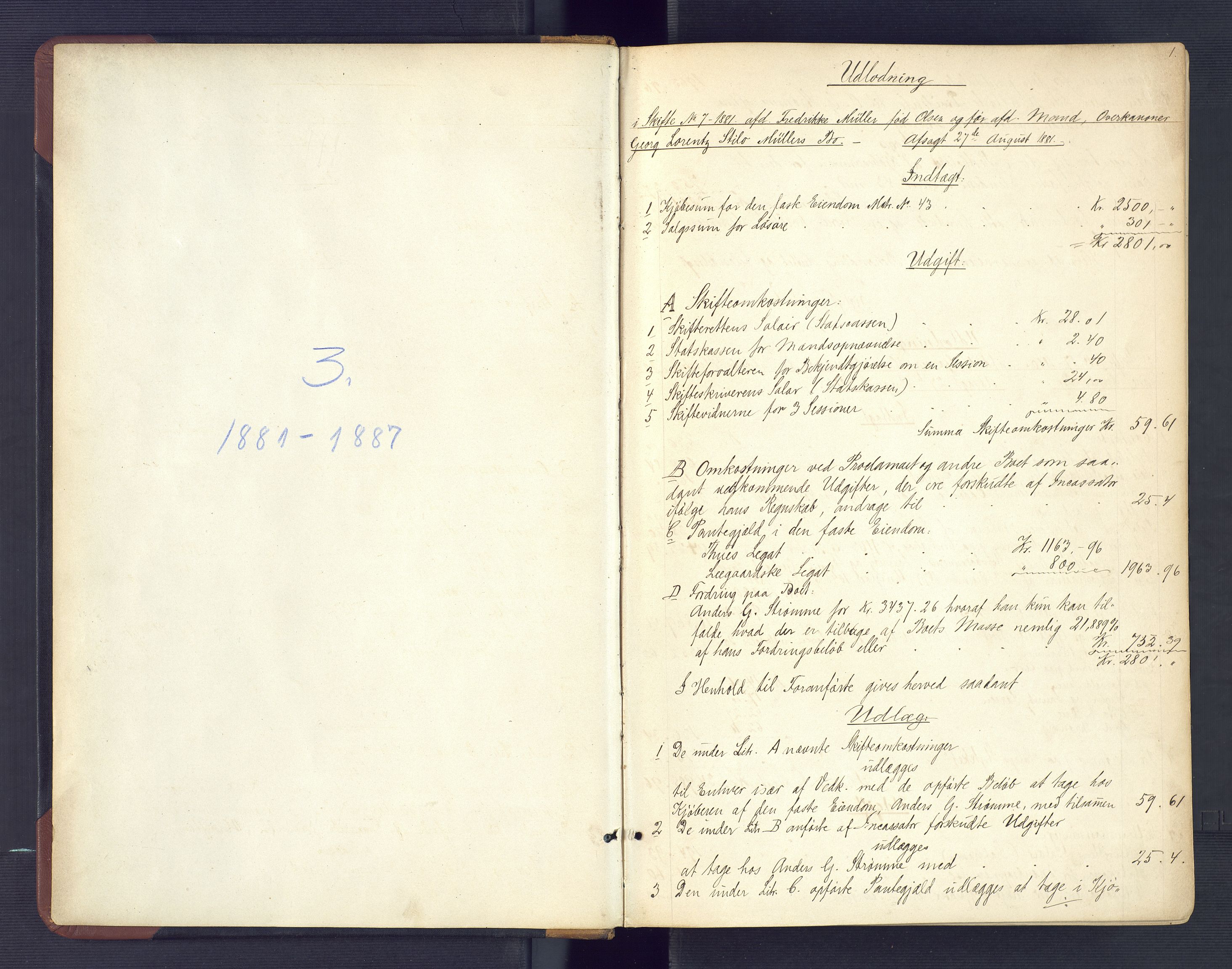 Kristiansand byrett, AV/SAK-1223-0001/H/Hc/L0057: Skifteutlodningsprotokoll nr. 3, med register, 1881-1887, s. 1