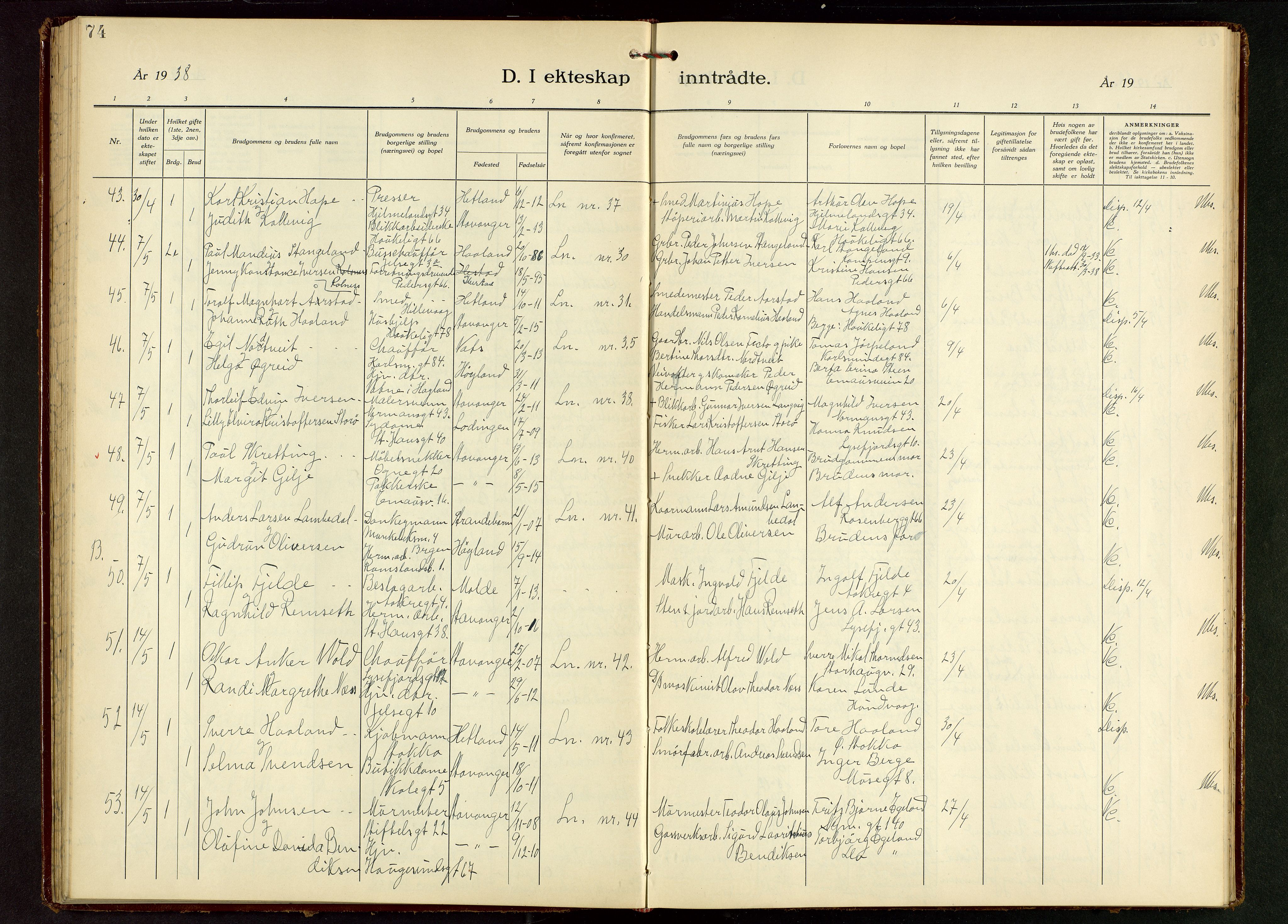 St. Johannes sokneprestkontor, AV/SAST-A-101814/001/30/30BB/L0010: Klokkerbok nr. B 10, 1933-1946, s. 74