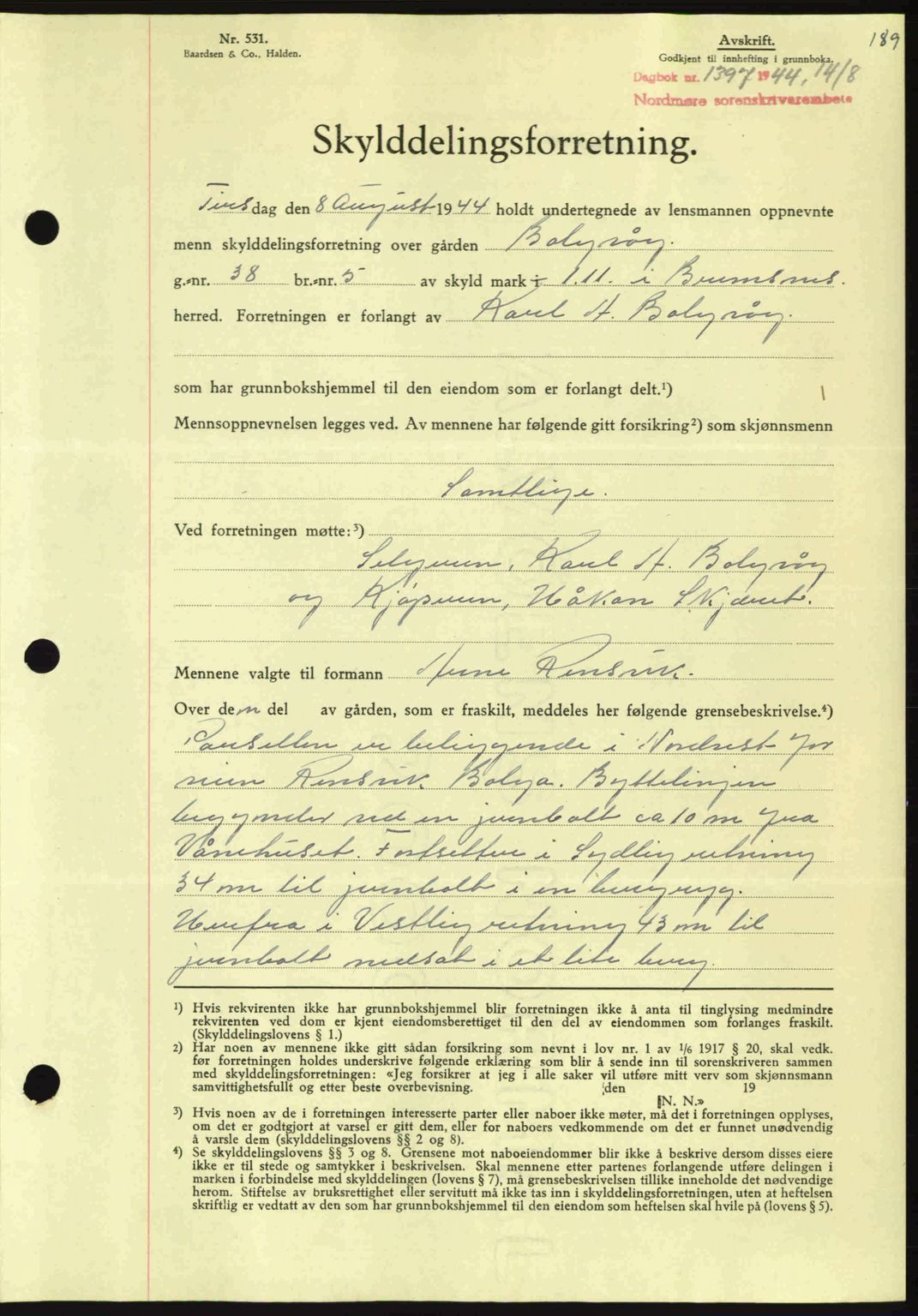 Nordmøre sorenskriveri, SAT/A-4132/1/2/2Ca: Pantebok nr. A98, 1944-1944, Dagboknr: 1397/1944