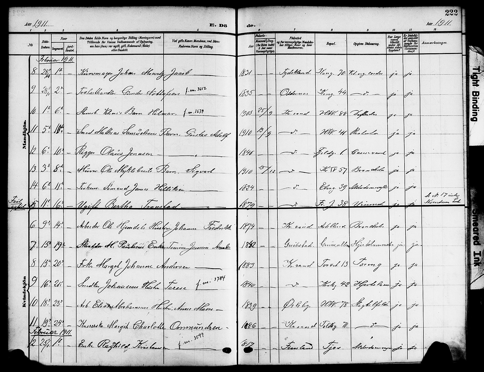 Kristiansand domprosti, AV/SAK-1112-0006/F/Fb/L0020: Klokkerbok nr. B 20, 1906-1915, s. 222