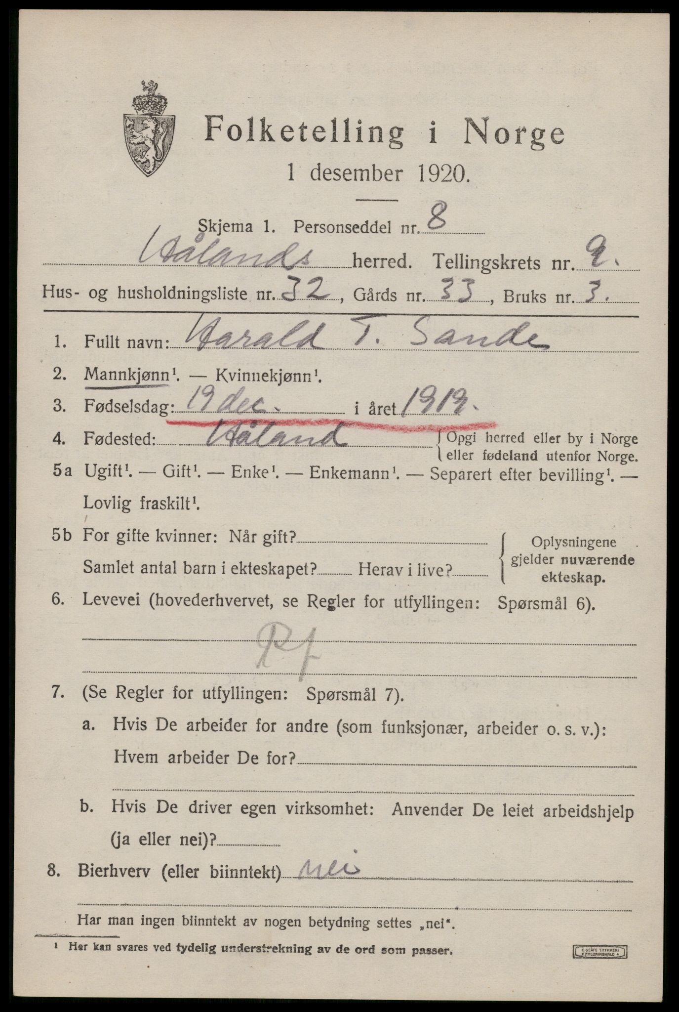SAST, Folketelling 1920 for 1124 Håland herred, 1920, s. 7313