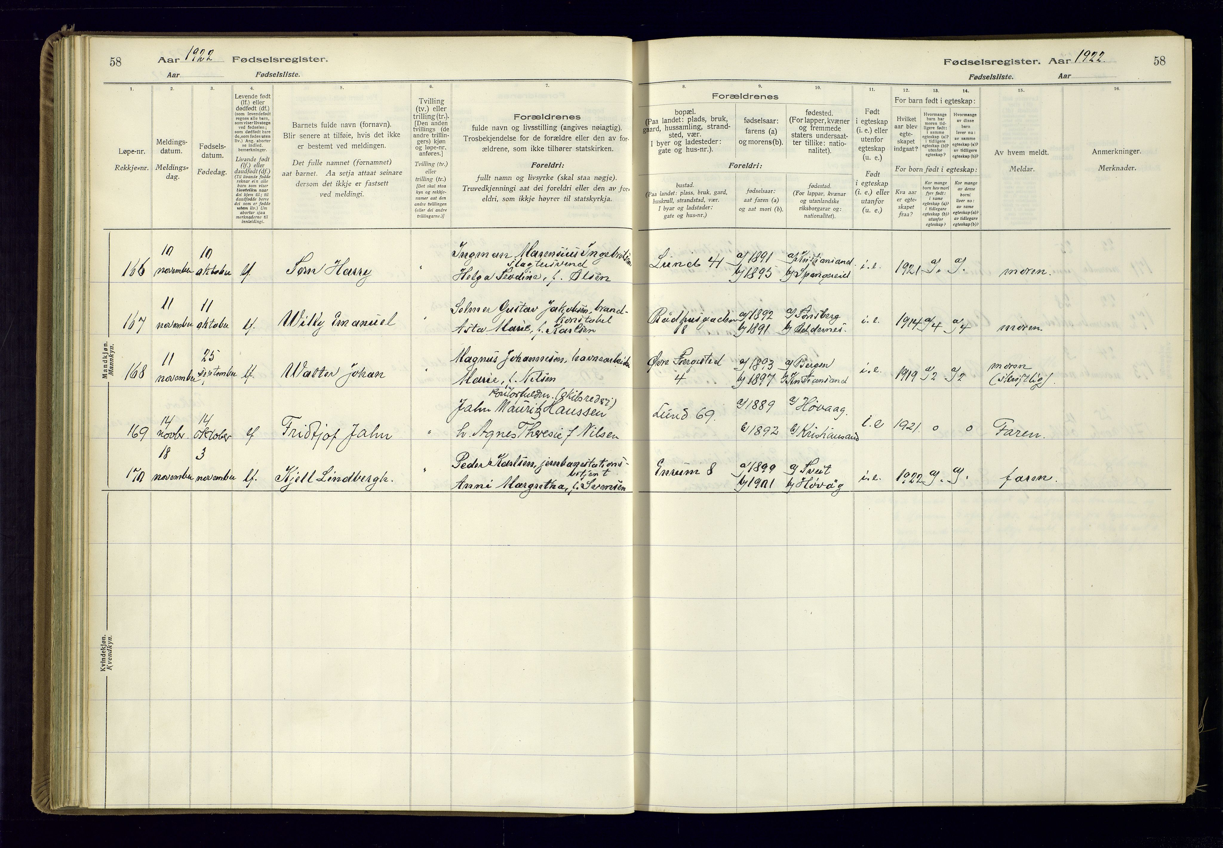 Kristiansand domprosti, AV/SAK-1112-0006/J/Jc/L0002: Fødselsregister nr. A-VI-46, 1921-1926, s. 58