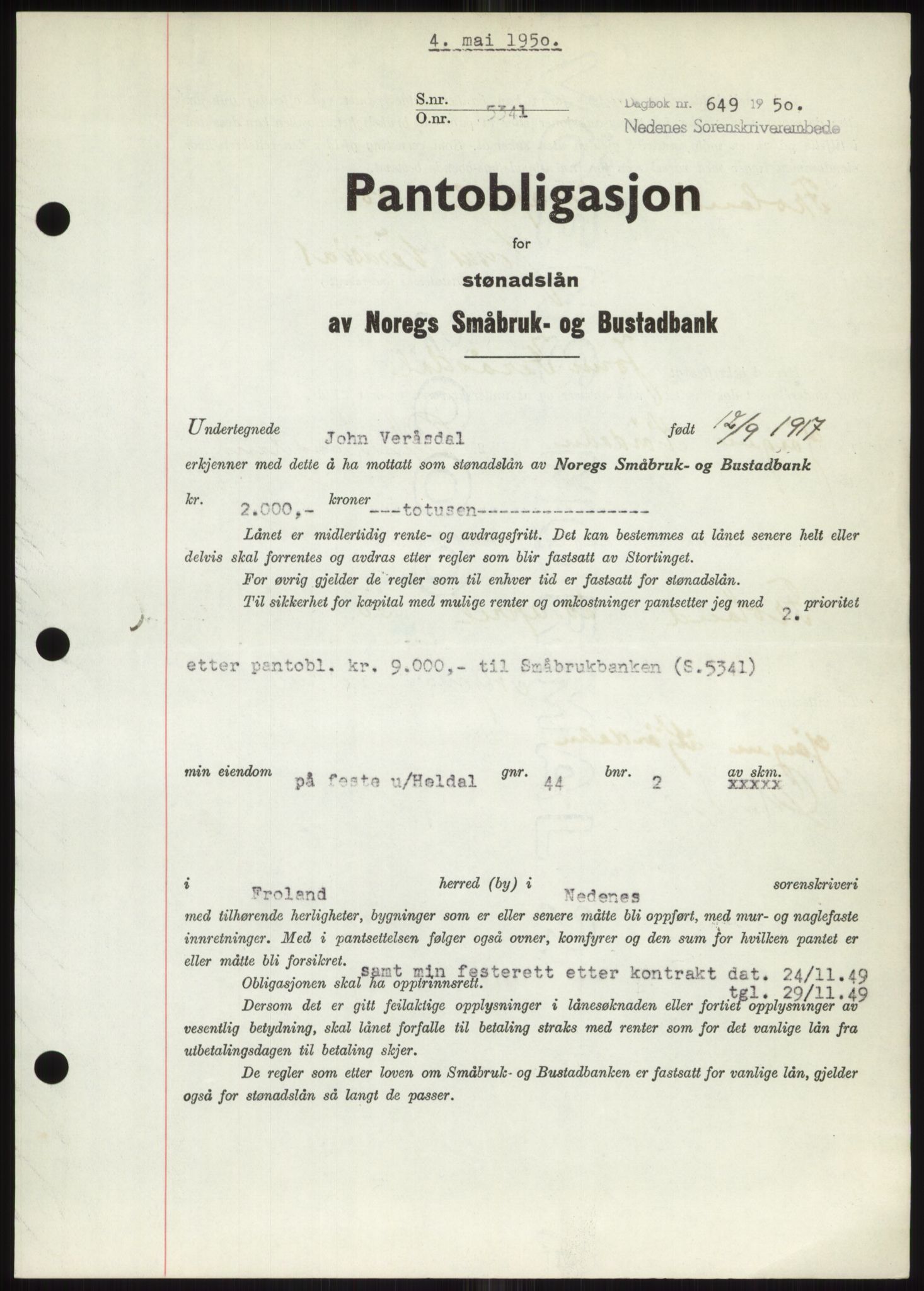 Nedenes sorenskriveri, SAK/1221-0006/G/Gb/Gbb/L0007: Pantebok nr. B7, 1949-1950, Dagboknr: 649/1950