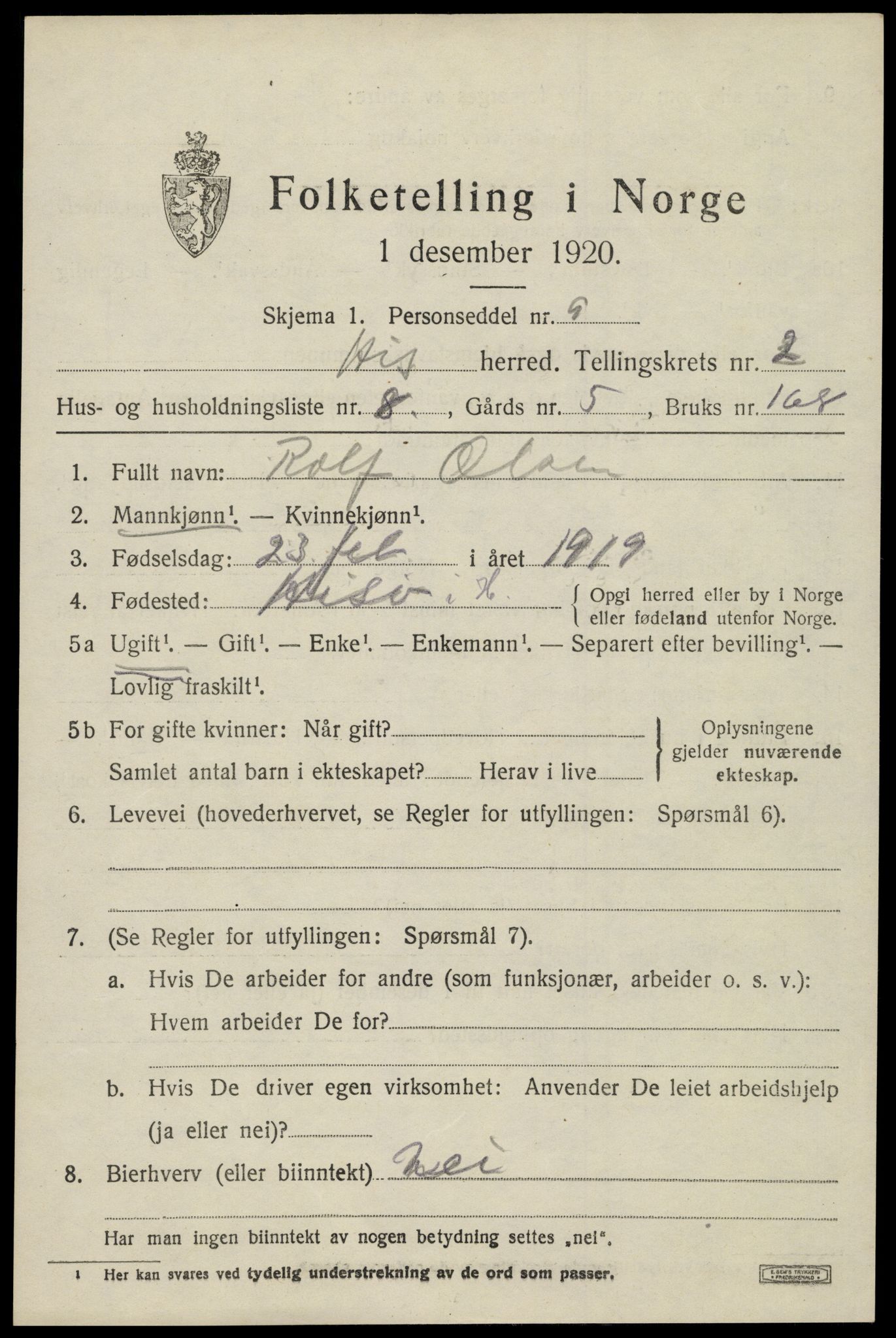 SAK, Folketelling 1920 for 0922 Hisøy herred, 1920, s. 2488