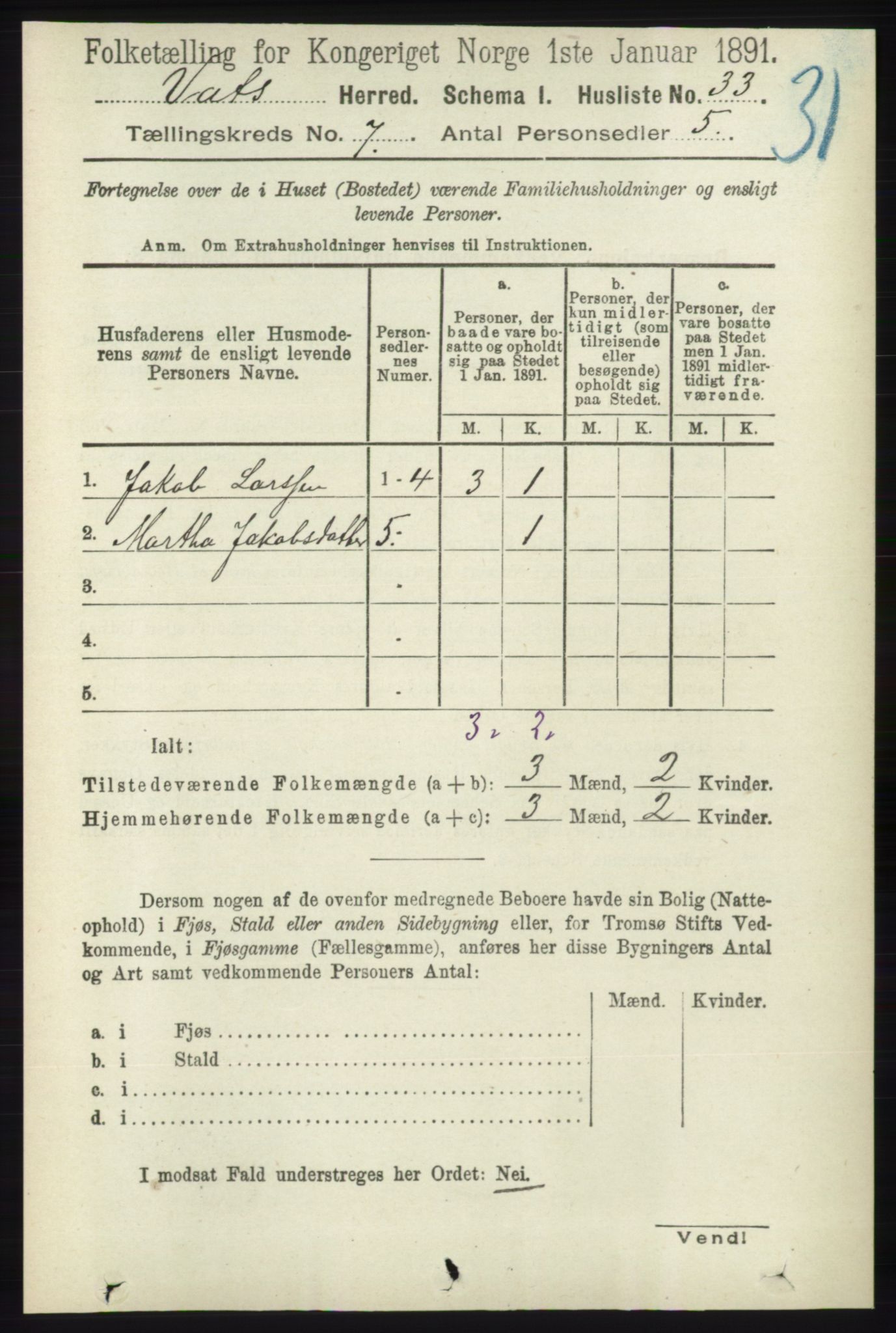 RA, Folketelling 1891 for 1155 Vats herred, 1891, s. 1092