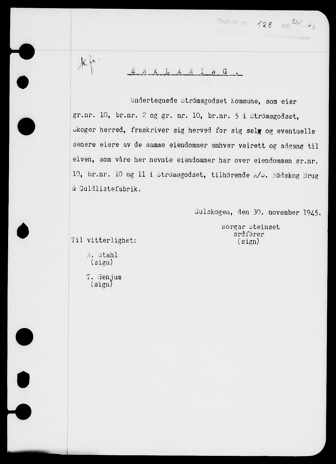 Holmestrand sorenskriveri, SAKO/A-67/G/Ga/Gaa/L0060: Pantebok nr. A-60, 1946-1946, Dagboknr: 128/1946