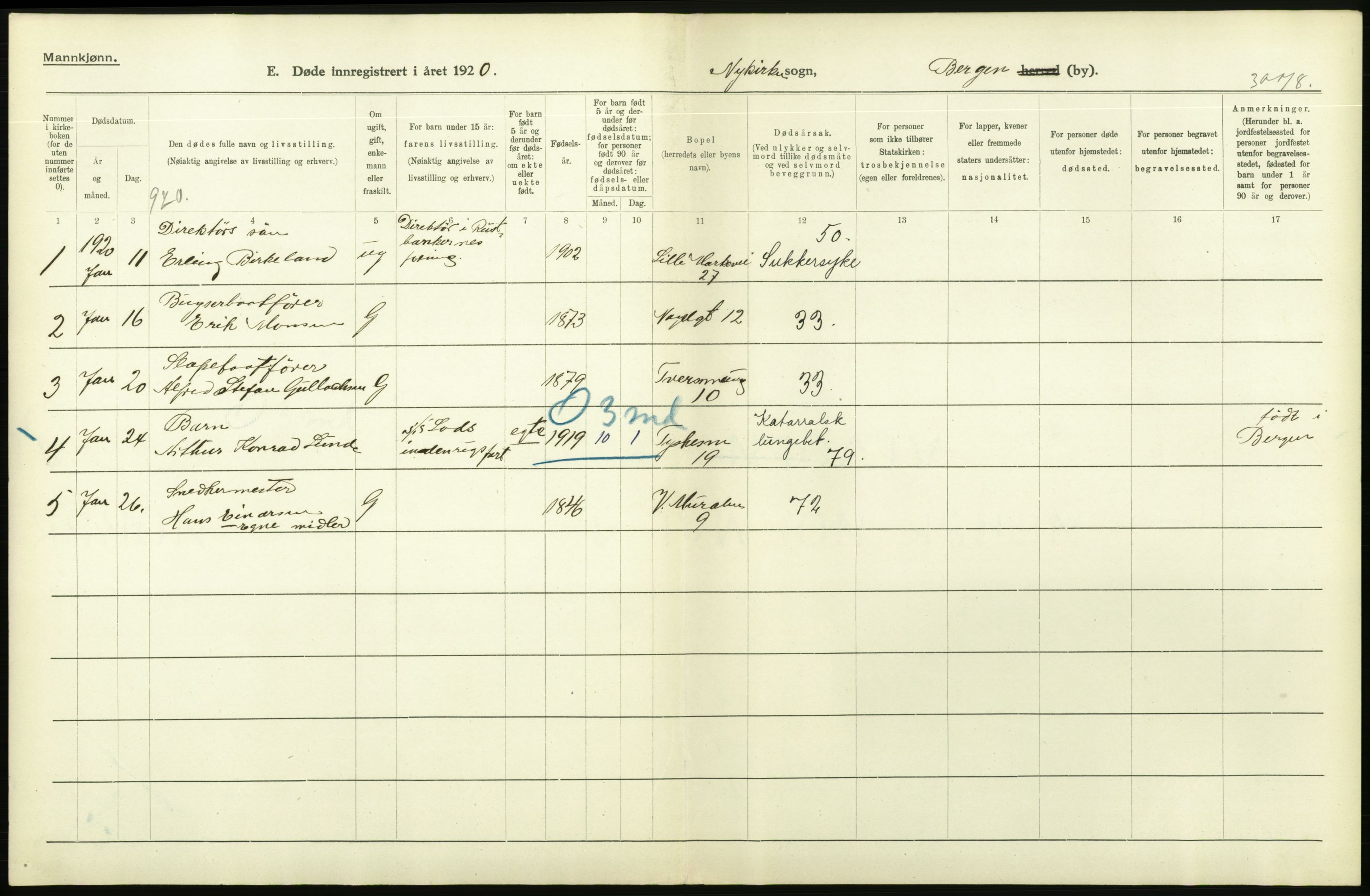 Statistisk sentralbyrå, Sosiodemografiske emner, Befolkning, AV/RA-S-2228/D/Df/Dfb/Dfbj/L0042: Bergen: Gifte, døde, dødfødte., 1920, s. 542