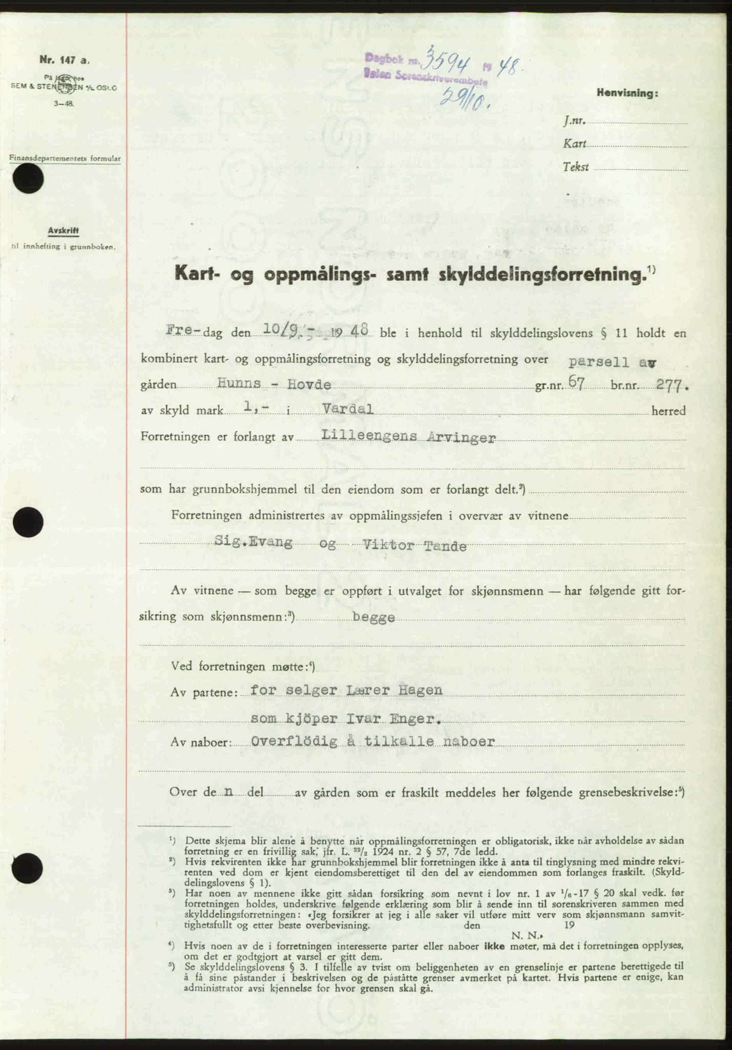 Toten tingrett, SAH/TING-006/H/Hb/Hbc/L0020: Pantebok nr. Hbc-20, 1948-1948, Dagboknr: 3594/1948