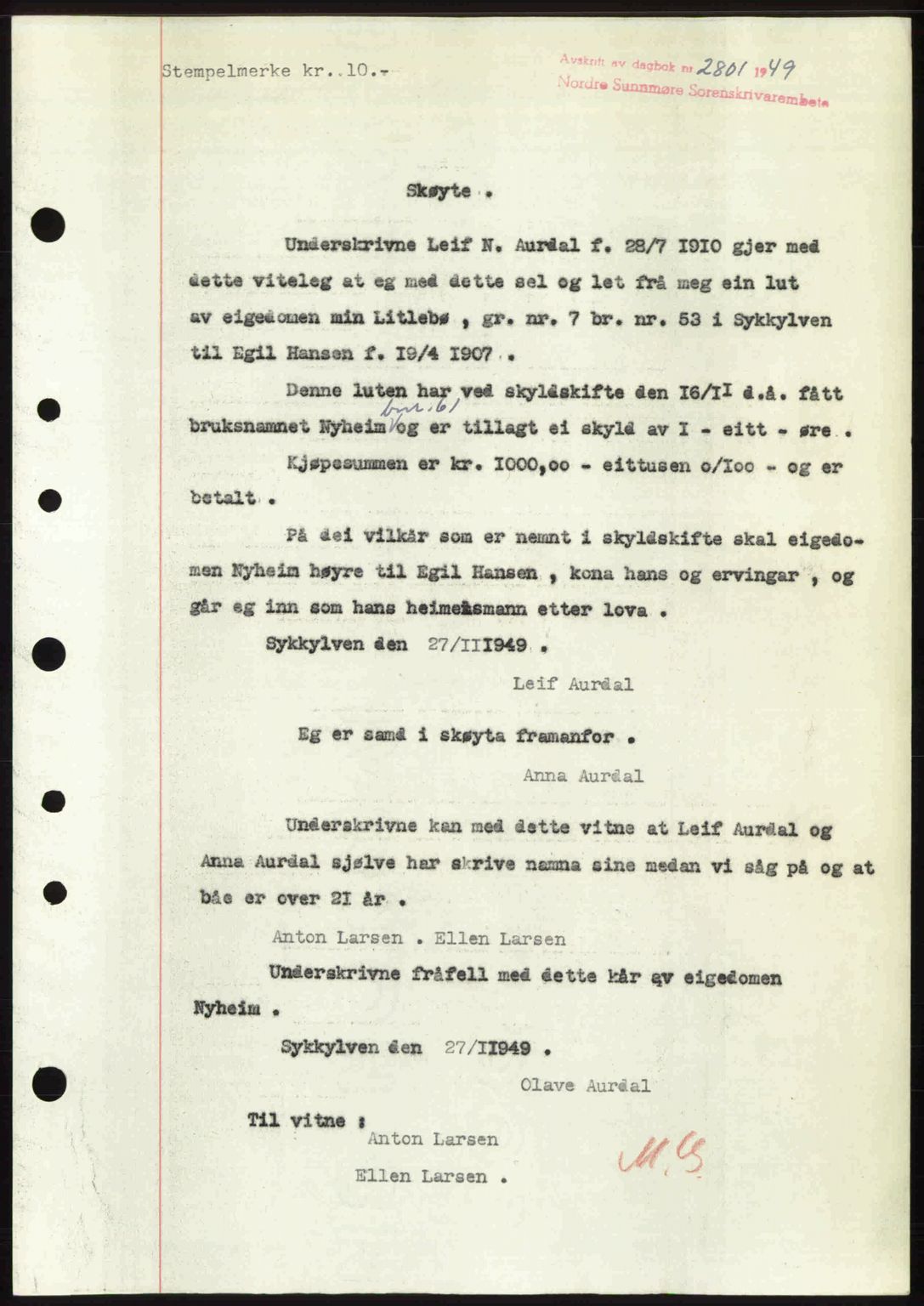 Nordre Sunnmøre sorenskriveri, AV/SAT-A-0006/1/2/2C/2Ca: Pantebok nr. A33, 1949-1950, Dagboknr: 2801/1949