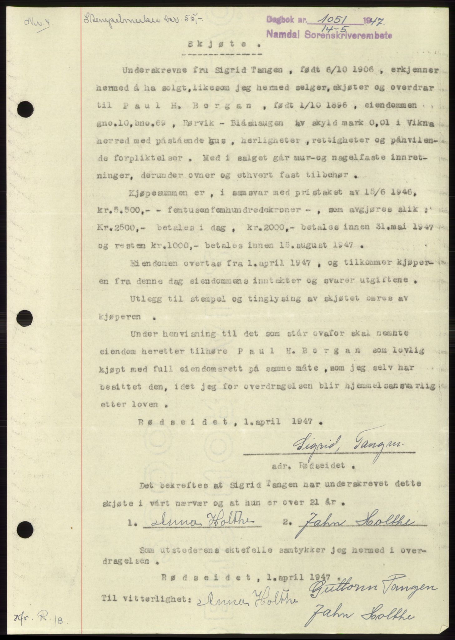 Namdal sorenskriveri, SAT/A-4133/1/2/2C: Pantebok nr. -, 1947-1947, Dagboknr: 1051/1947
