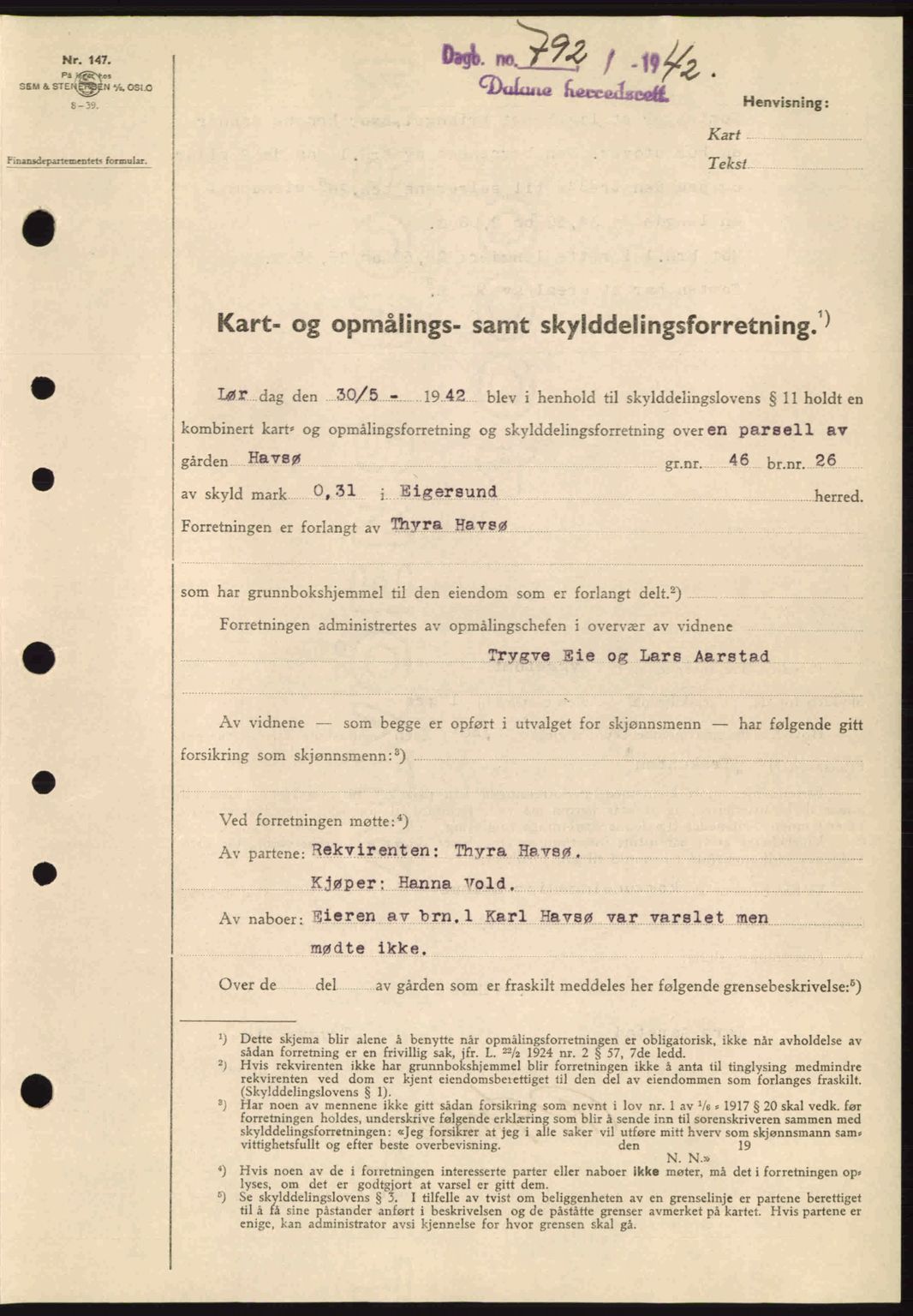 Dalane sorenskriveri, SAST/A-100309/02/G/Gb/L0046: Pantebok nr. A7, 1942-1943, Dagboknr: 792/1942