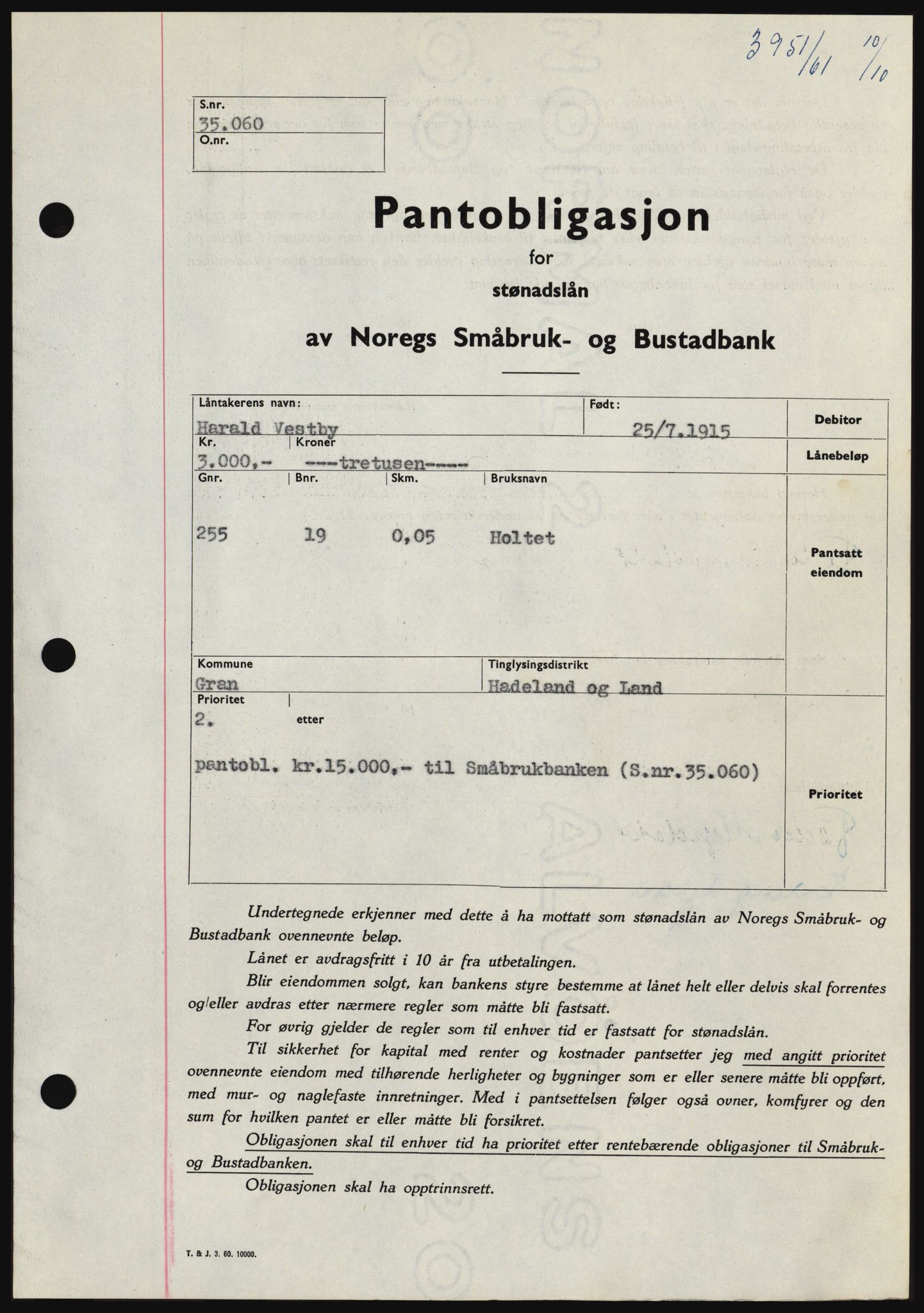 Hadeland og Land tingrett, SAH/TING-010/H/Hb/Hbc/L0047: Pantebok nr. B47, 1961-1962, Dagboknr: 3951/1961