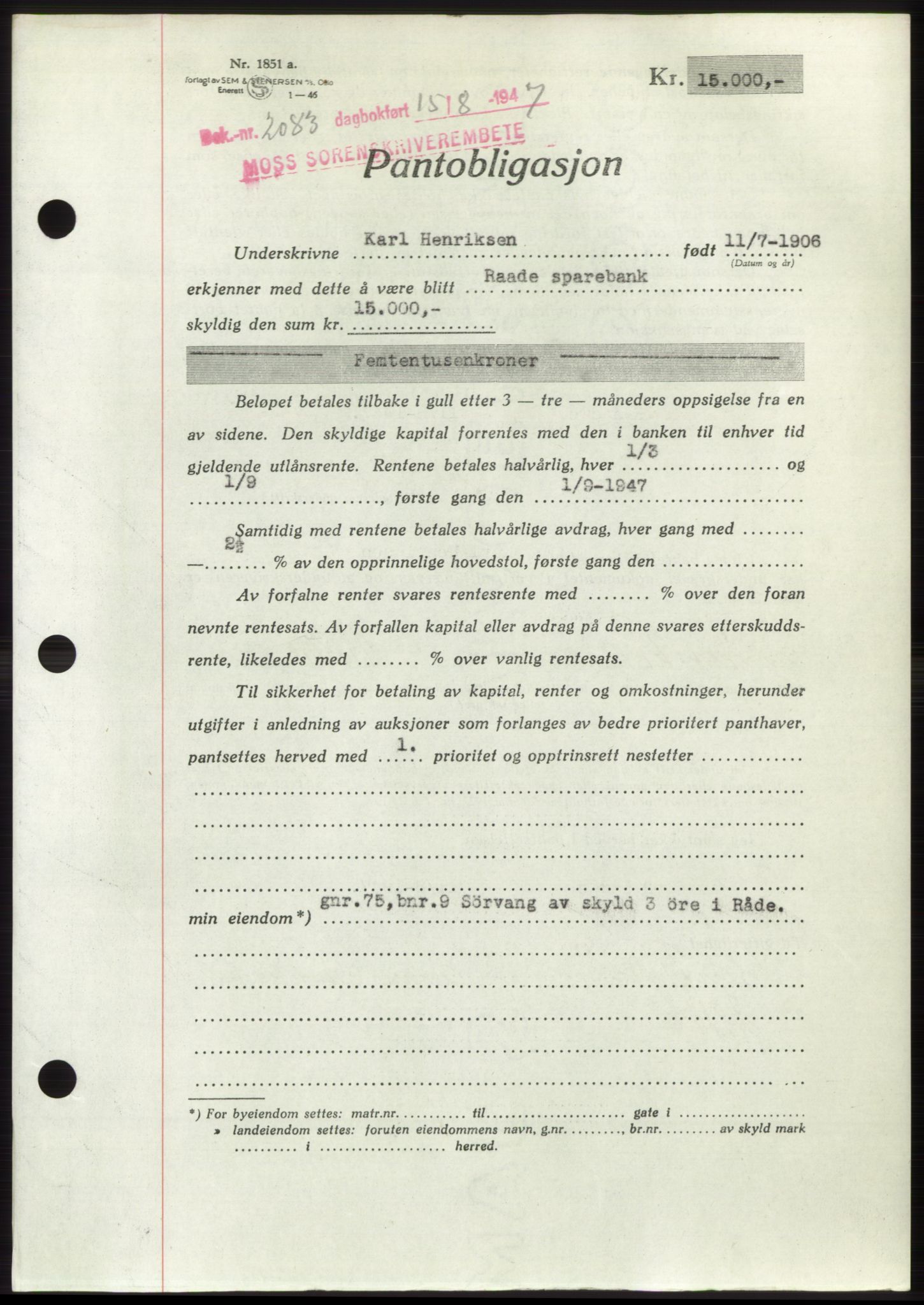 Moss sorenskriveri, SAO/A-10168: Pantebok nr. B17, 1947-1947, Dagboknr: 2083/1947