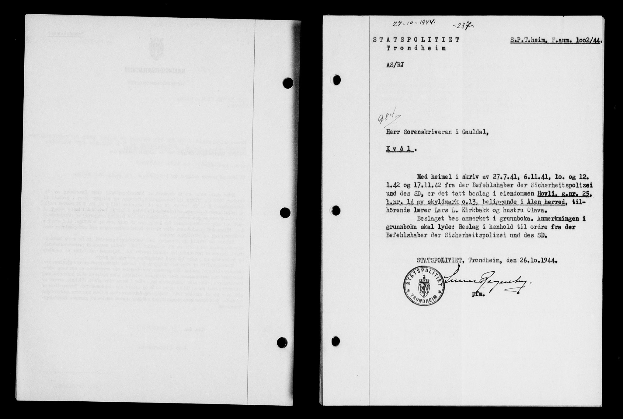 Gauldal sorenskriveri, SAT/A-0014/1/2/2C/L0058: Pantebok nr. 63, 1944-1945, Dagboknr: 984/1944