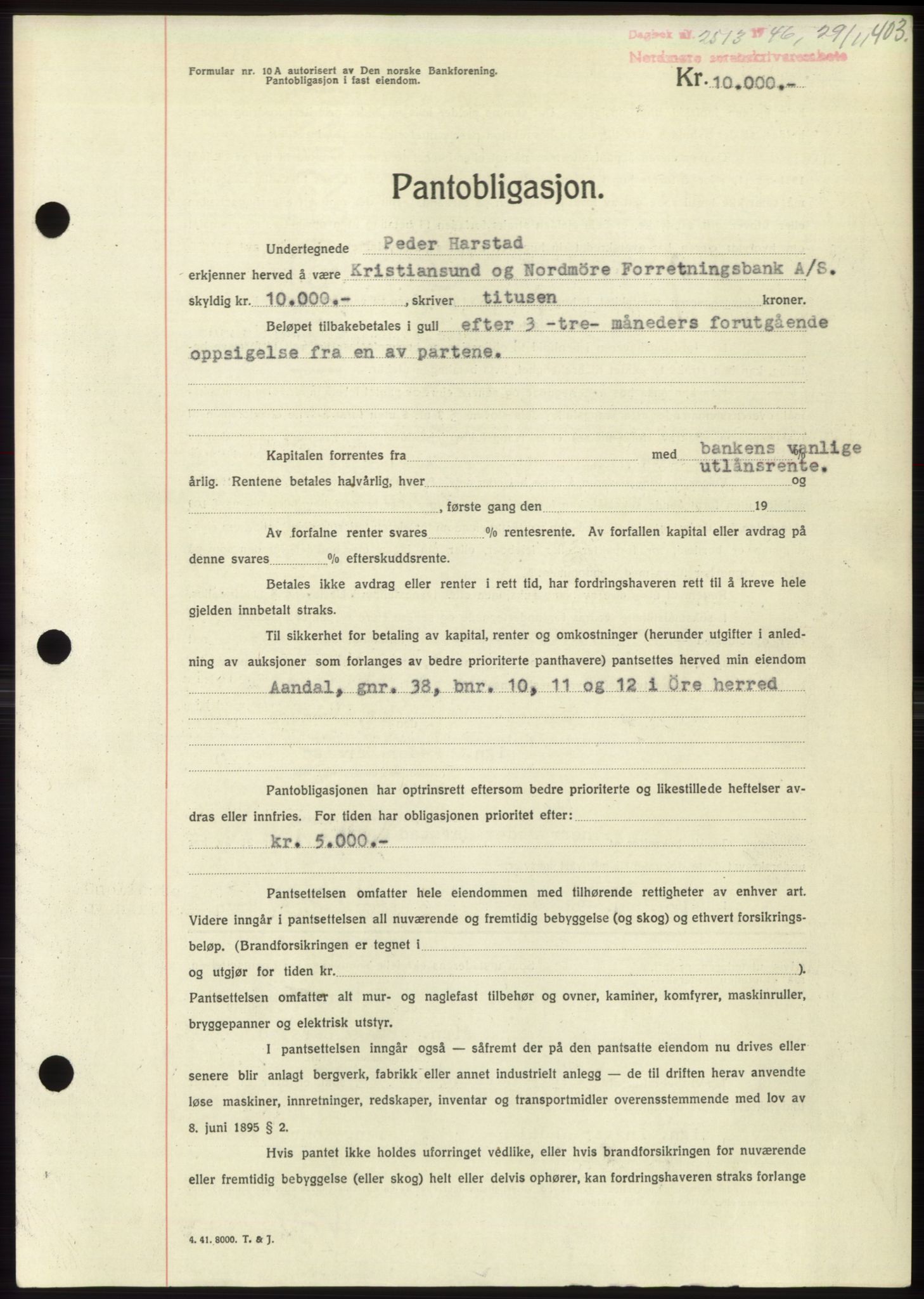 Nordmøre sorenskriveri, SAT/A-4132/1/2/2Ca: Pantebok nr. B95, 1946-1947, Dagboknr: 2513/1946