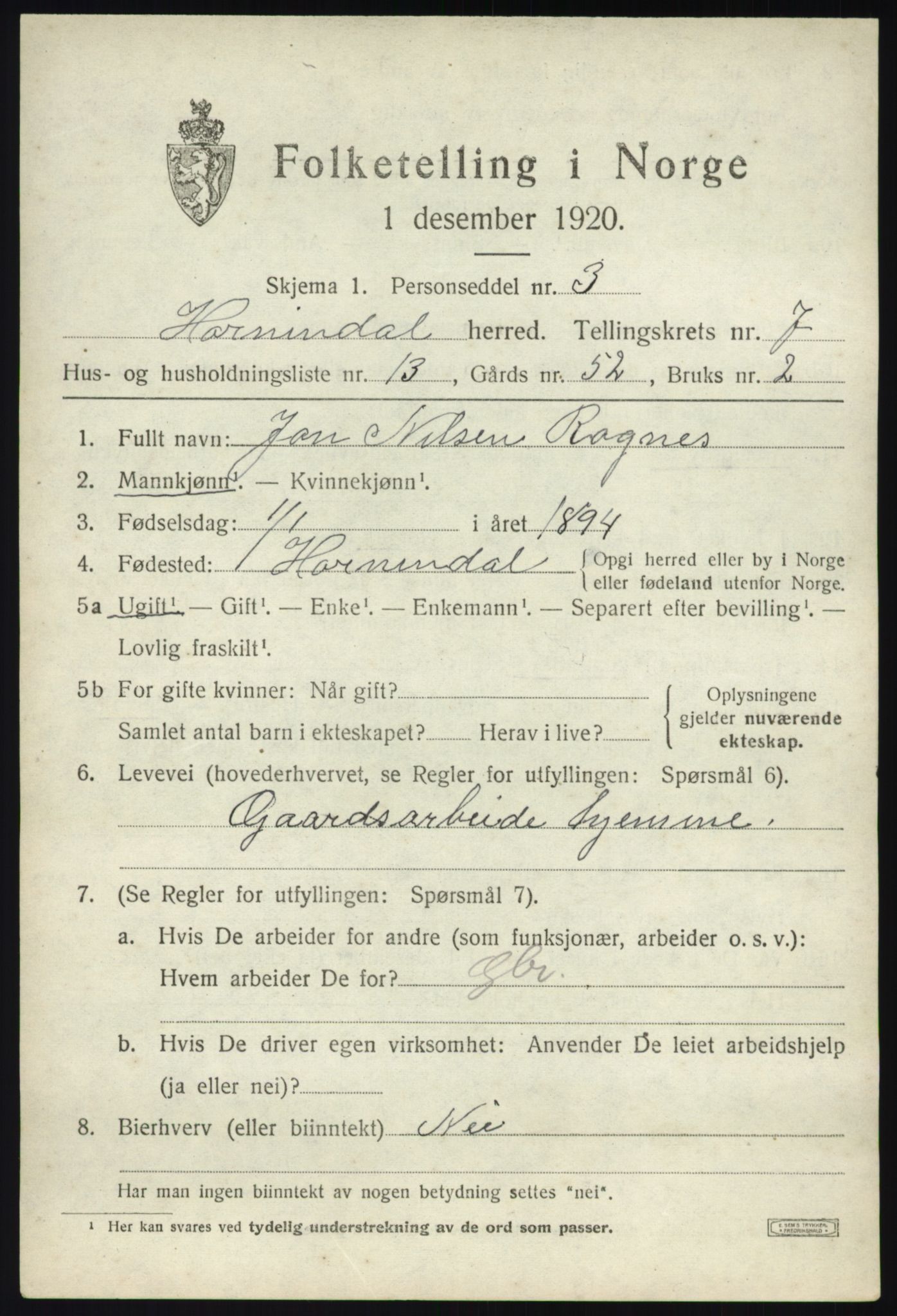 SAB, Folketelling 1920 for 1444 Hornindal herred, 1920, s. 3706