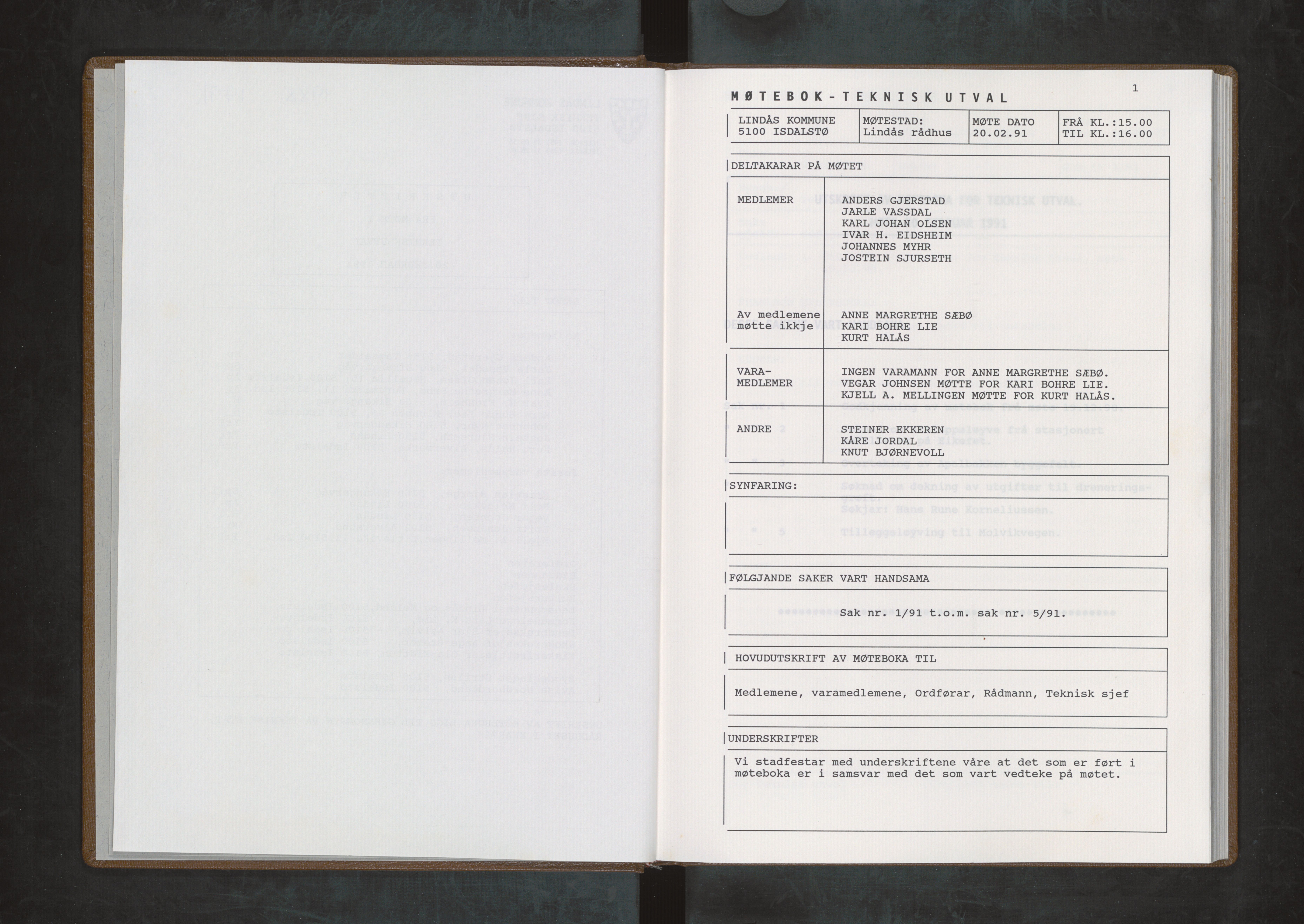 Lindås kommune. Teknisk utval, IKAH/1263-513/A/Ac/L0001: Møtebok for Lindås teknisk utval, 1991