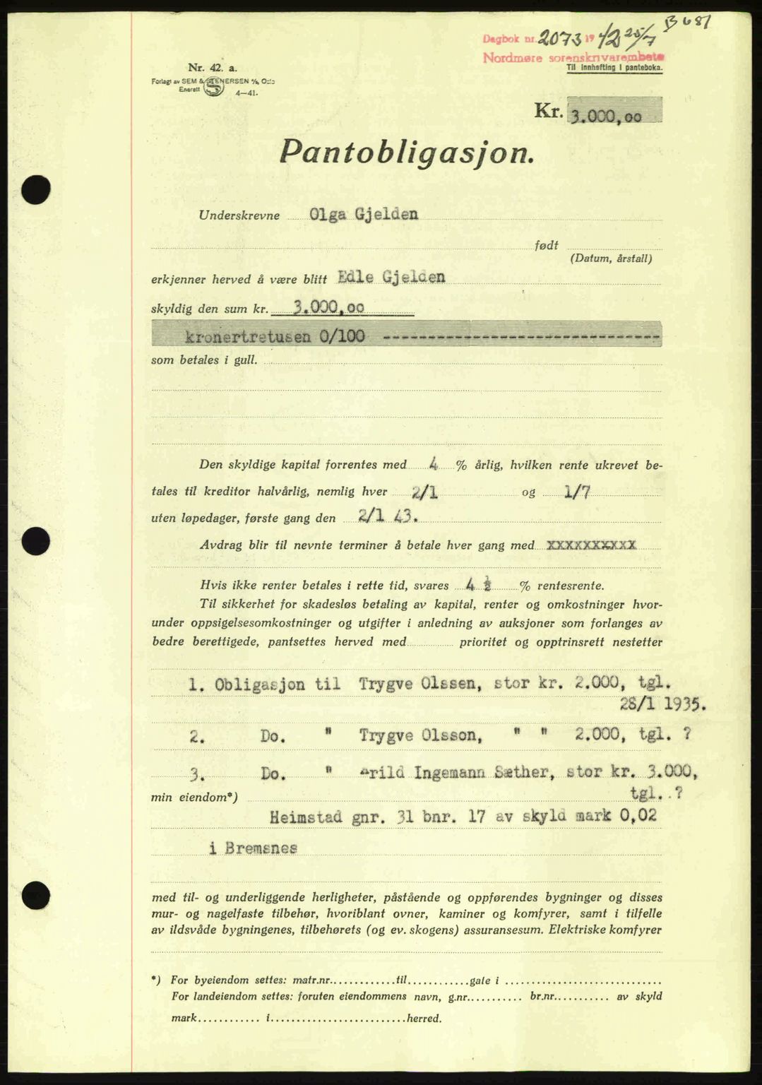 Nordmøre sorenskriveri, AV/SAT-A-4132/1/2/2Ca: Pantebok nr. B89, 1942-1942, Dagboknr: 2073/1942