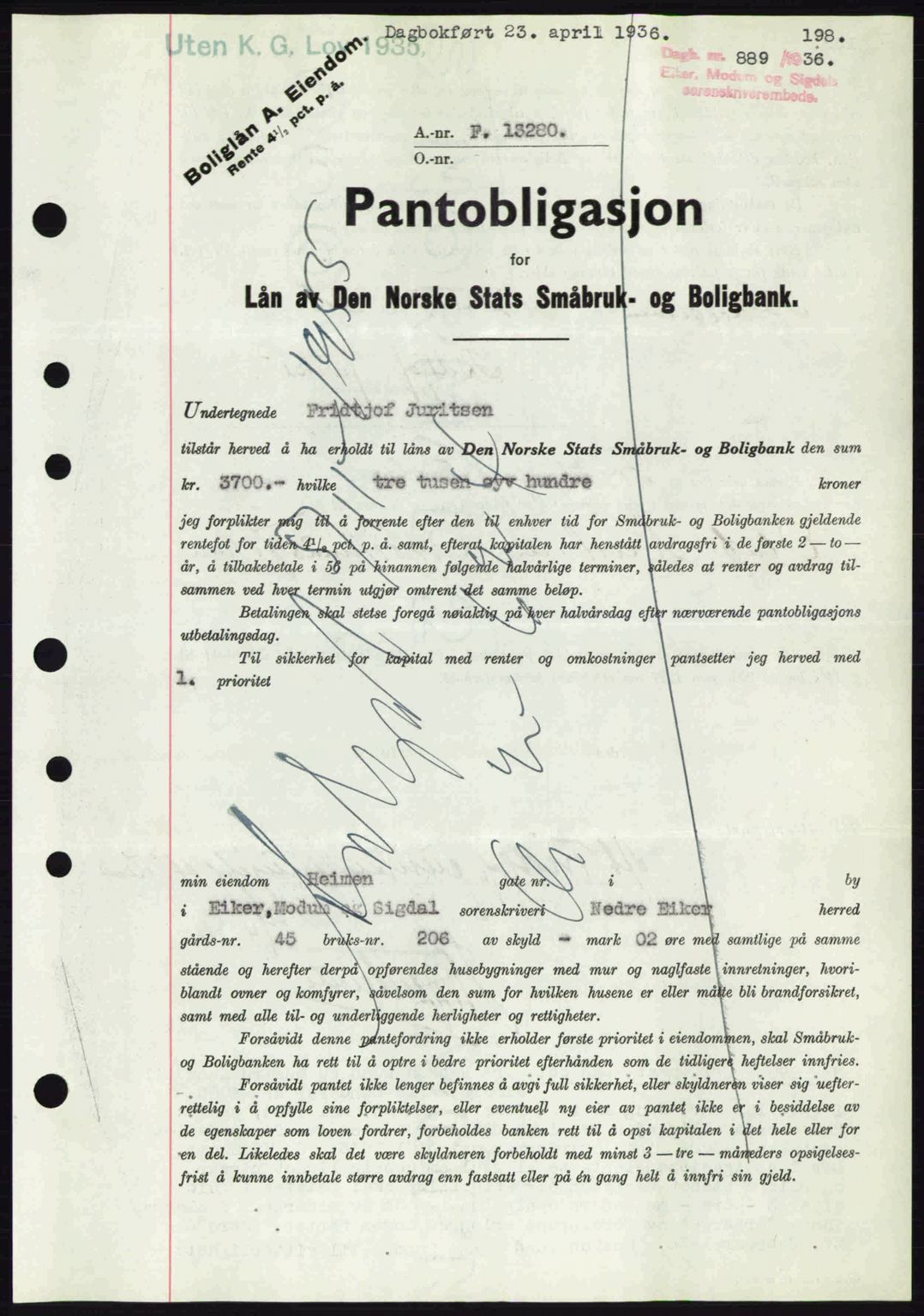 Eiker, Modum og Sigdal sorenskriveri, SAKO/A-123/G/Ga/Gab/L0032: Pantebok nr. A2, 1936-1936, Dagboknr: 889/1936
