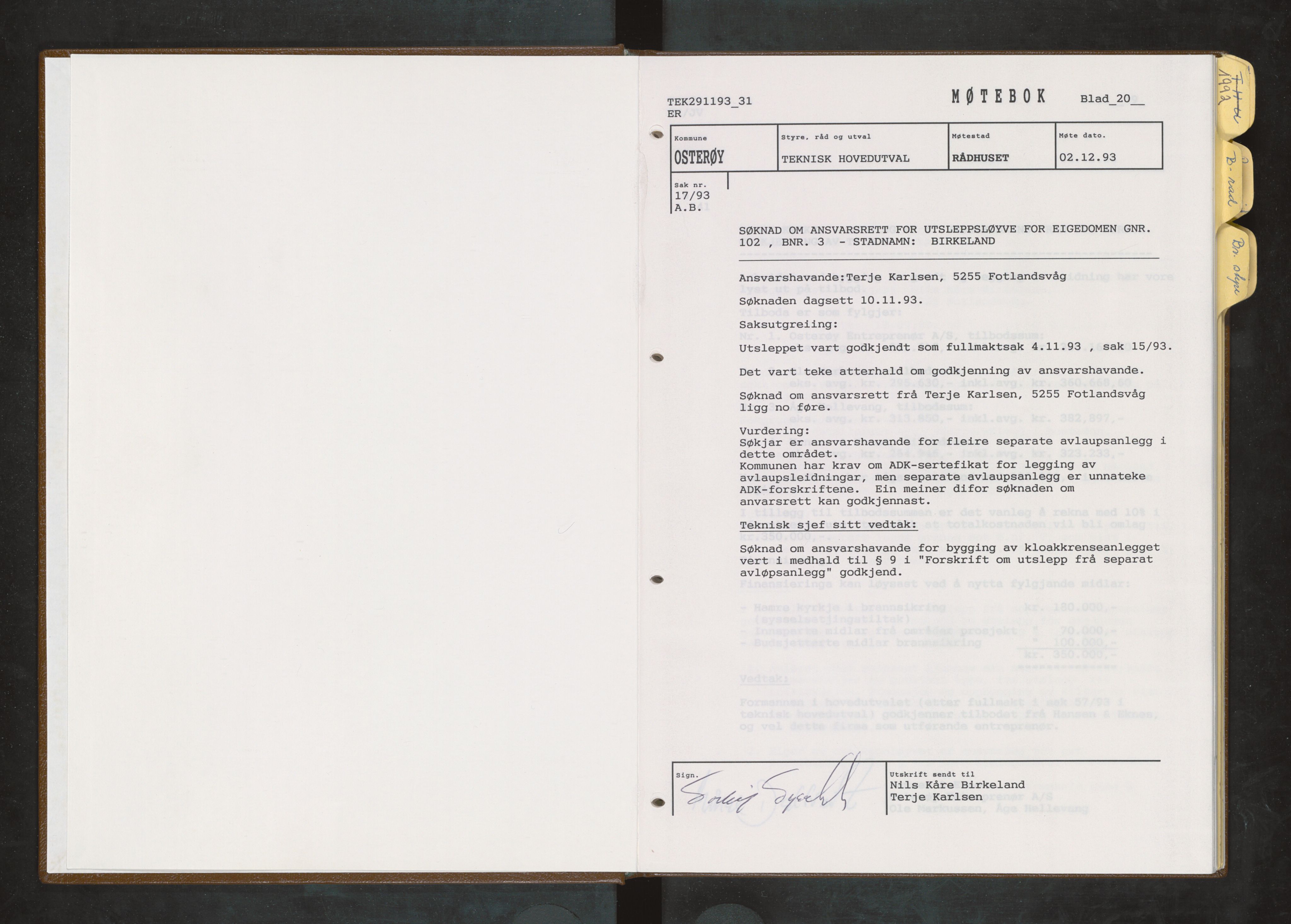 Osterøy kommune. Bygningsrådet, IKAH/1253b-511/A/Ad/L0002: Møtebok bygningssjefen, 1991-1993