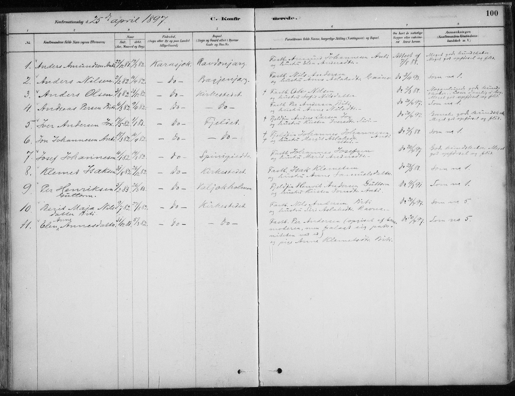 Karasjok sokneprestkontor, AV/SATØ-S-1352/H/Ha/L0002kirke: Ministerialbok nr. 2, 1885-1906, s. 100