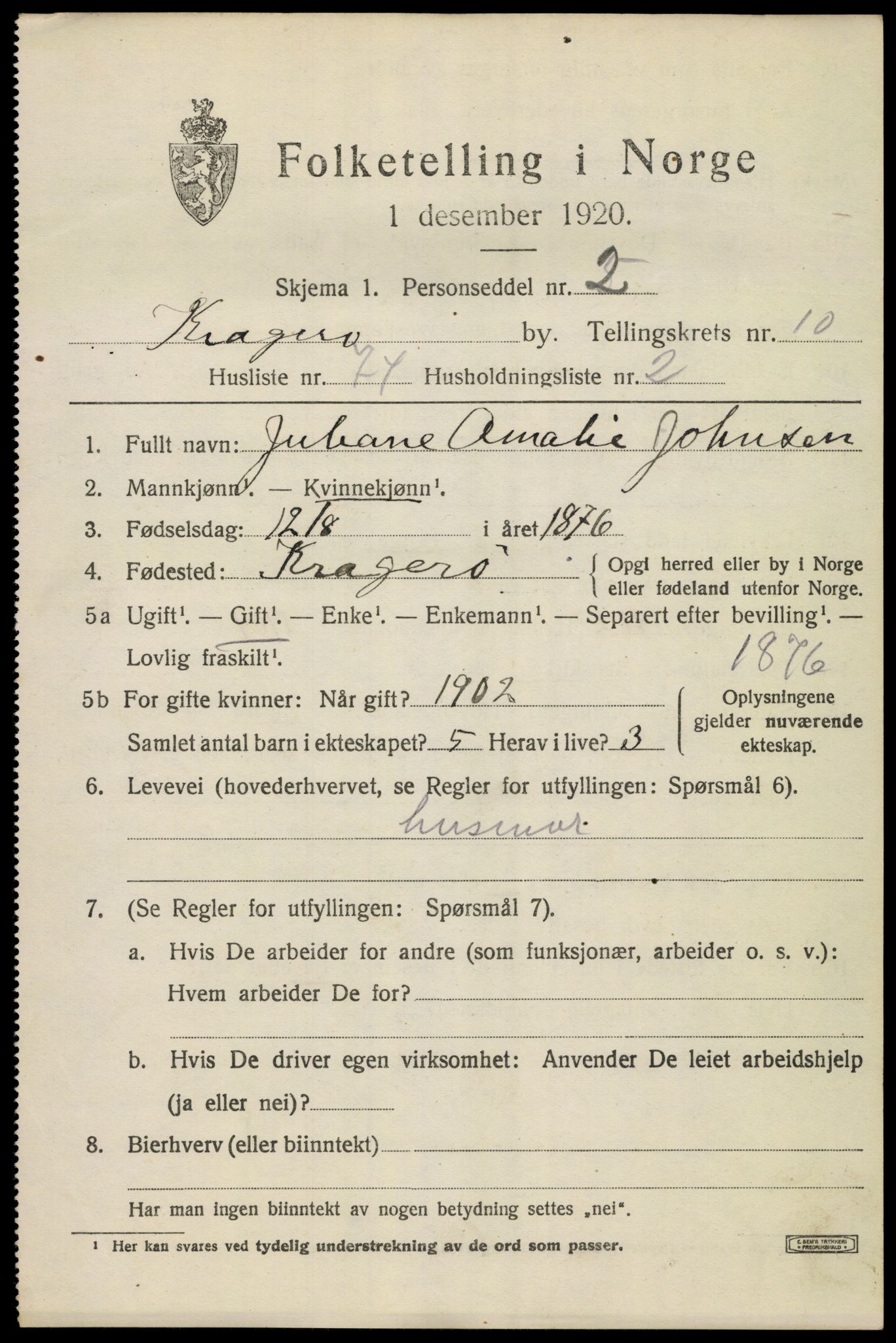 SAKO, Folketelling 1920 for 0801 Kragerø kjøpstad, 1920, s. 13879