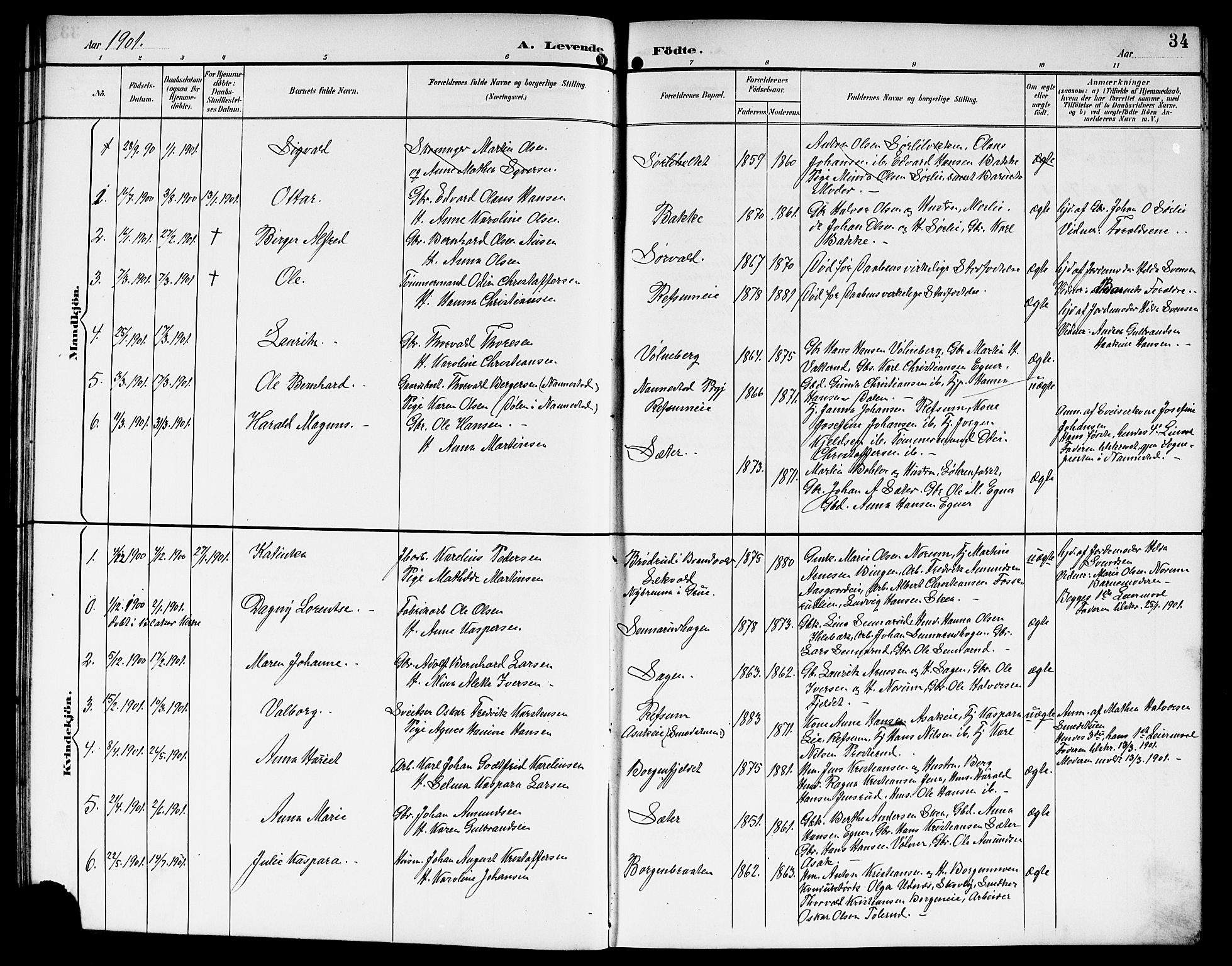 Sørum prestekontor Kirkebøker, AV/SAO-A-10303/G/Ga/L0006: Klokkerbok nr. I 6, 1894-1906, s. 34