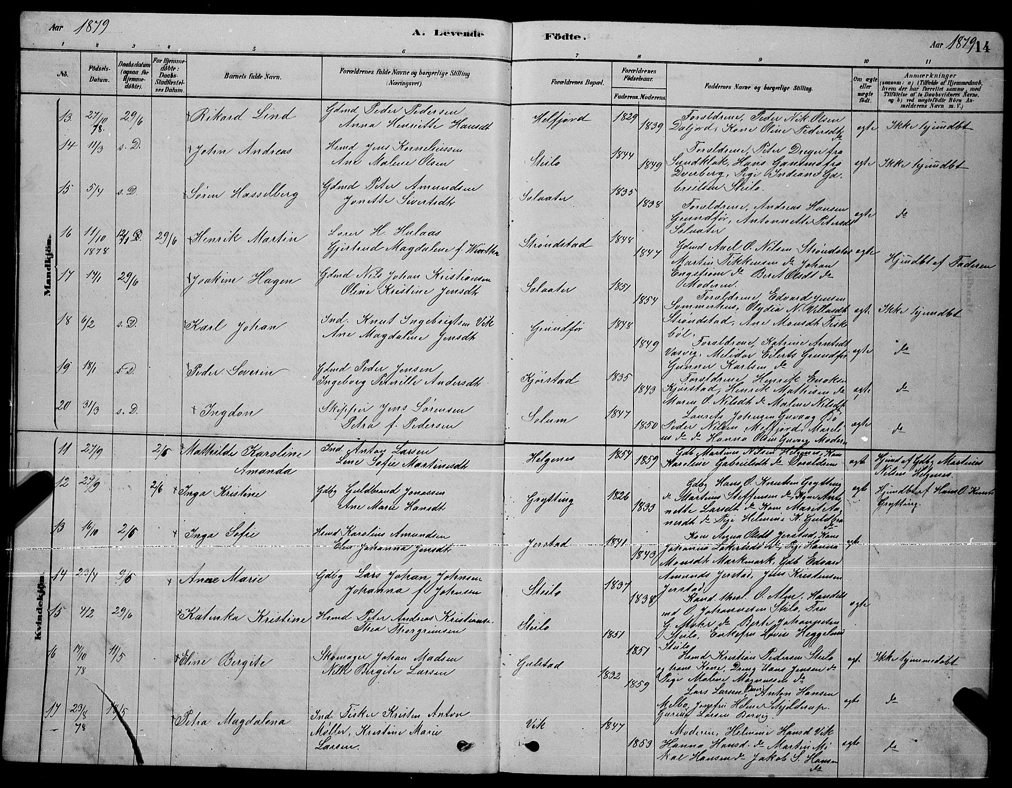 Ministerialprotokoller, klokkerbøker og fødselsregistre - Nordland, AV/SAT-A-1459/888/L1267: Klokkerbok nr. 888C05, 1878-1890, s. 14