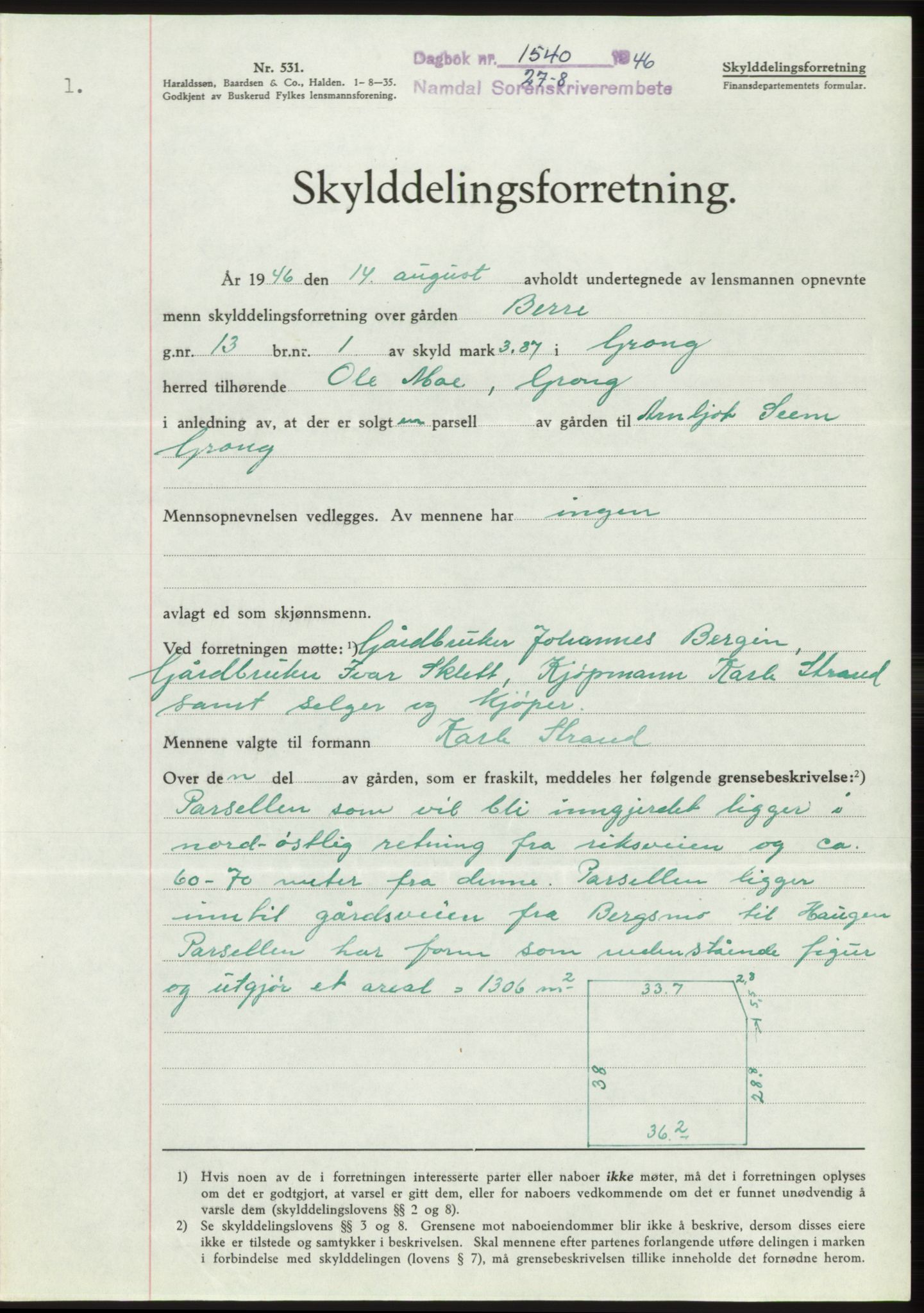 Namdal sorenskriveri, SAT/A-4133/1/2/2C: Pantebok nr. -, 1946-1946, Dagboknr: 1540/1946