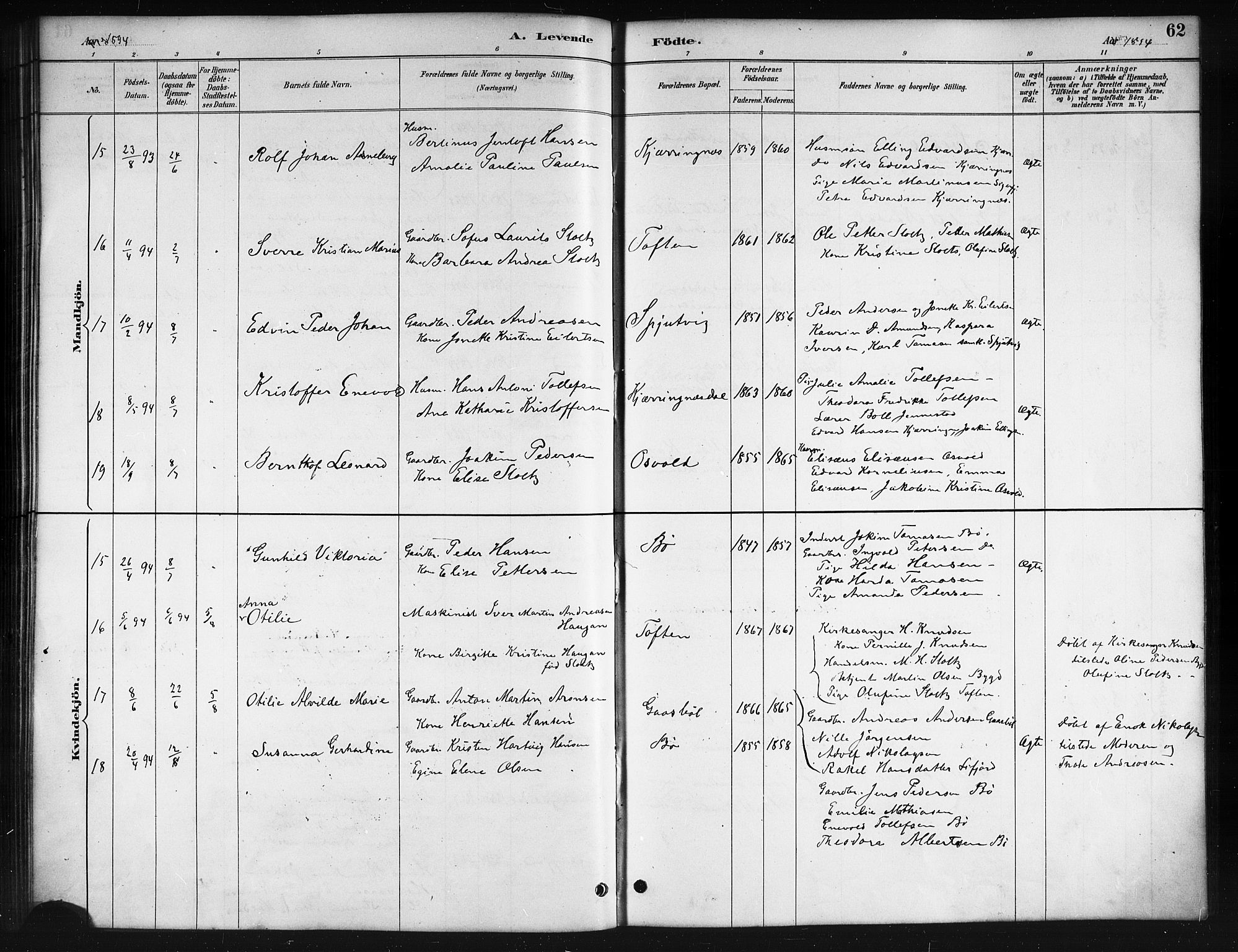 Ministerialprotokoller, klokkerbøker og fødselsregistre - Nordland, AV/SAT-A-1459/895/L1382: Klokkerbok nr. 895C04, 1885-1896, s. 62