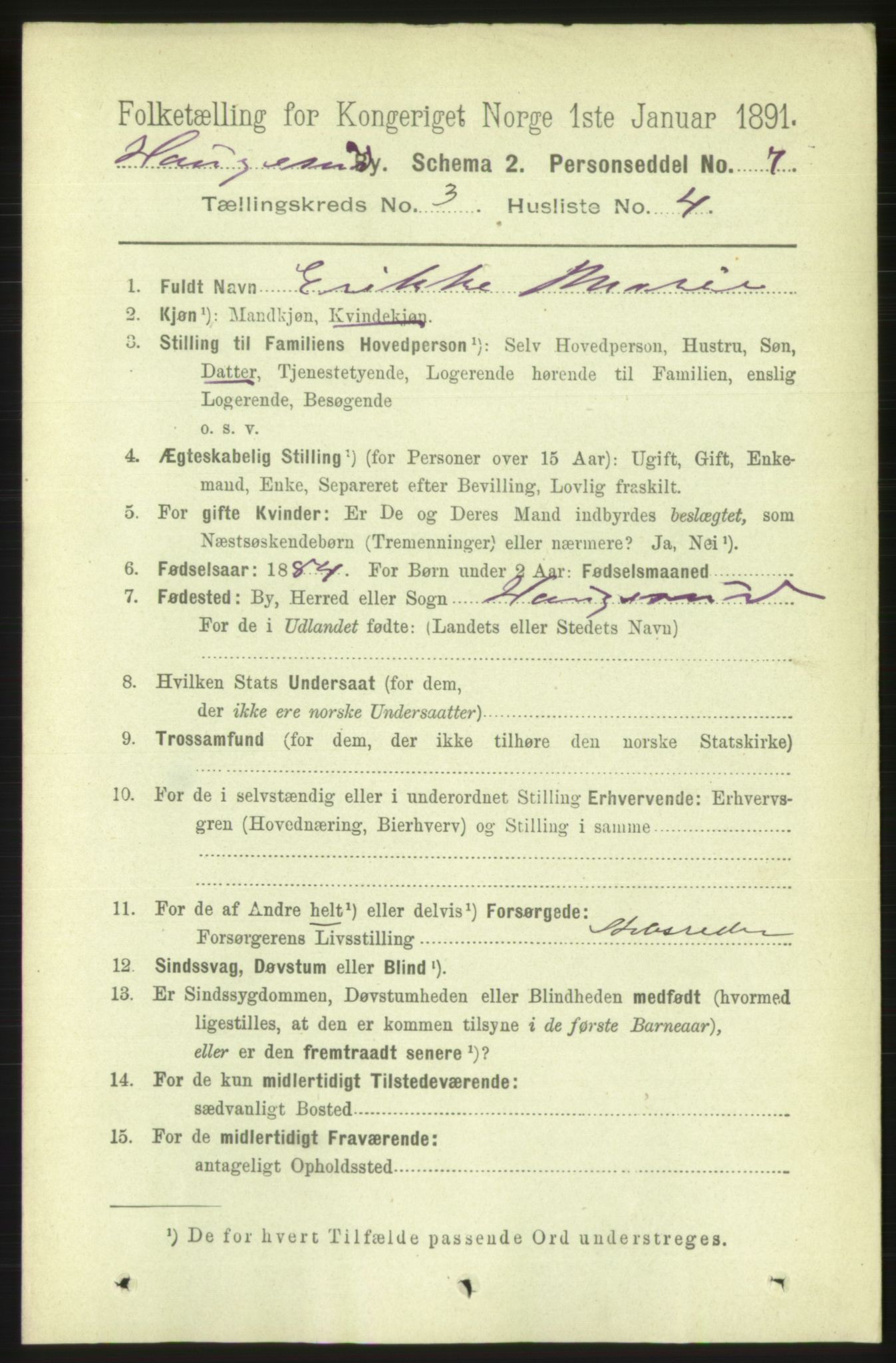 RA, Folketelling 1891 for 1106 Haugesund kjøpstad, 1891, s. 1062