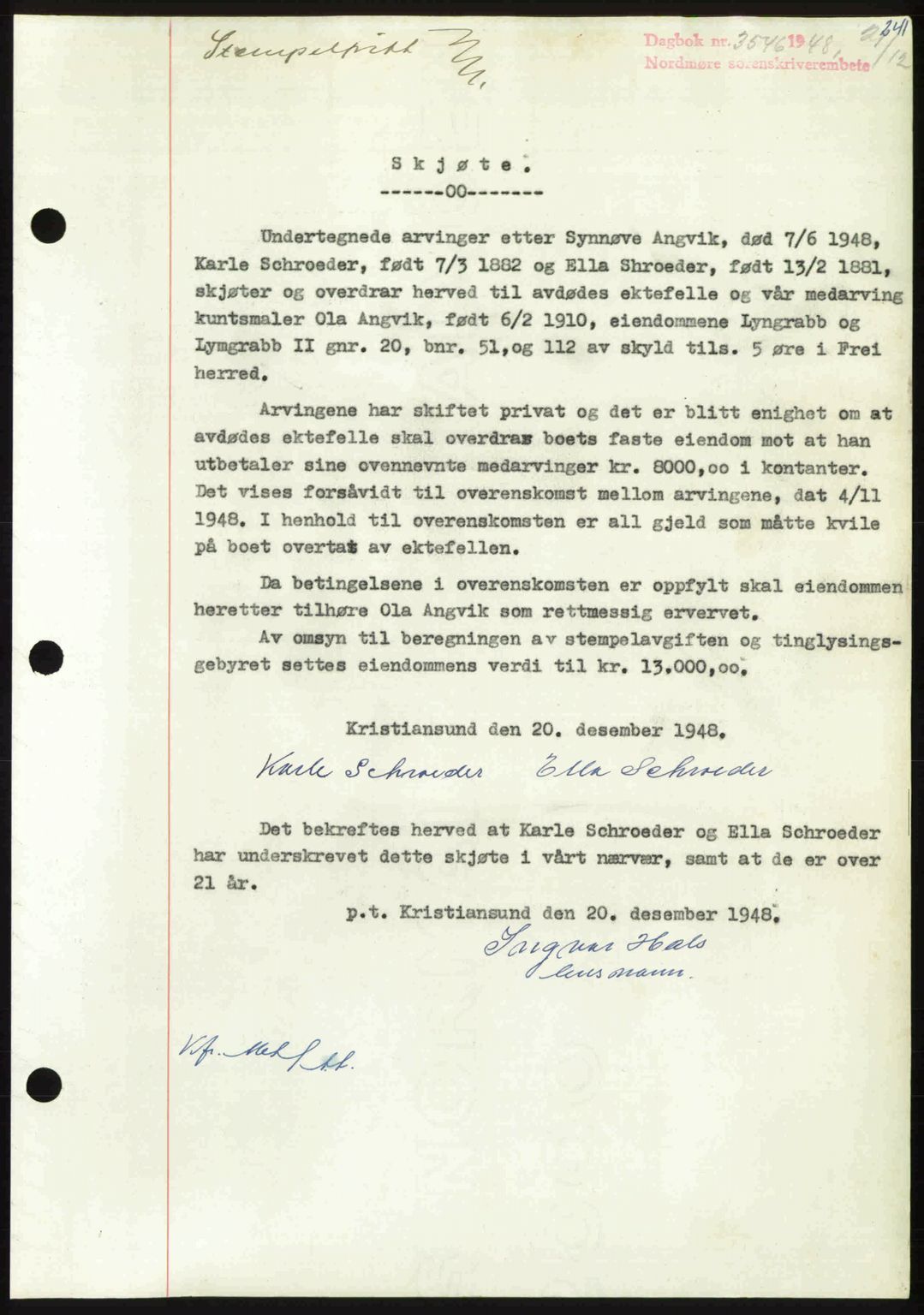 Nordmøre sorenskriveri, SAT/A-4132/1/2/2Ca: Pantebok nr. A110, 1948-1949, Dagboknr: 3546/1948