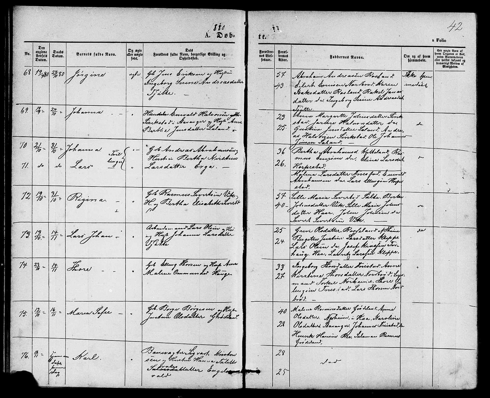 Klepp sokneprestkontor, AV/SAST-A-101803/001/3/30BB/L0003: Klokkerbok nr. B 3, 1876-1888, s. 42