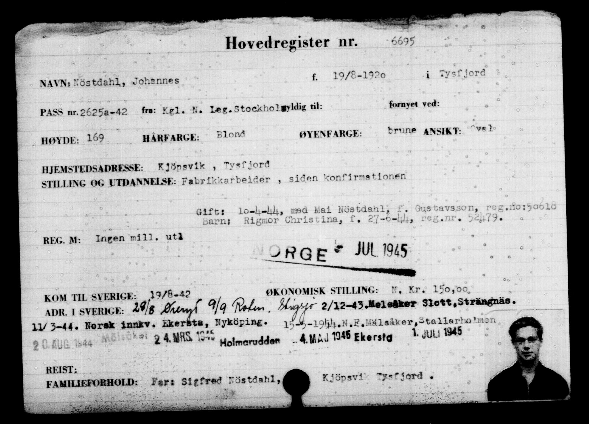 Utenriksstasjonene, Legasjonen i Stockholm, Flyktningkontoret, AV/RA-S-6753/V/Va/L0005: Kjesäterkartoteket, flyktninger med registreringsnr. 6600-9417, 1940-1945, s. 112