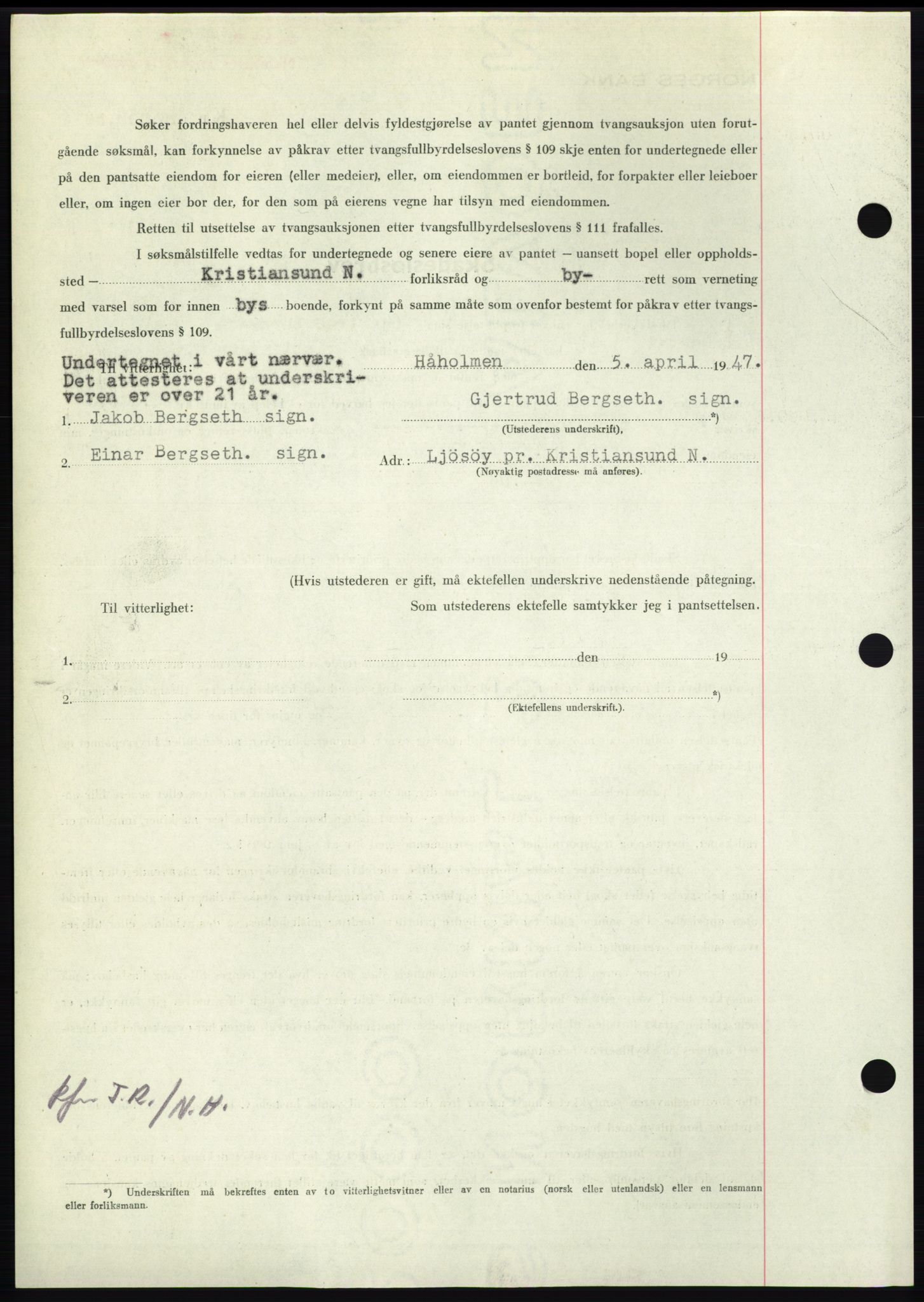 Nordmøre sorenskriveri, AV/SAT-A-4132/1/2/2Ca: Pantebok nr. B96, 1947-1947, Dagboknr: 962/1947