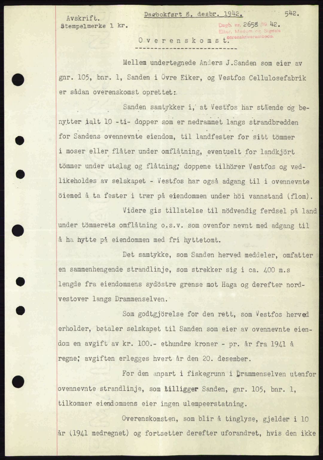 Eiker, Modum og Sigdal sorenskriveri, SAKO/A-123/G/Ga/Gab/L0047: Pantebok nr. A17, 1942-1943, Dagboknr: 2658/1942