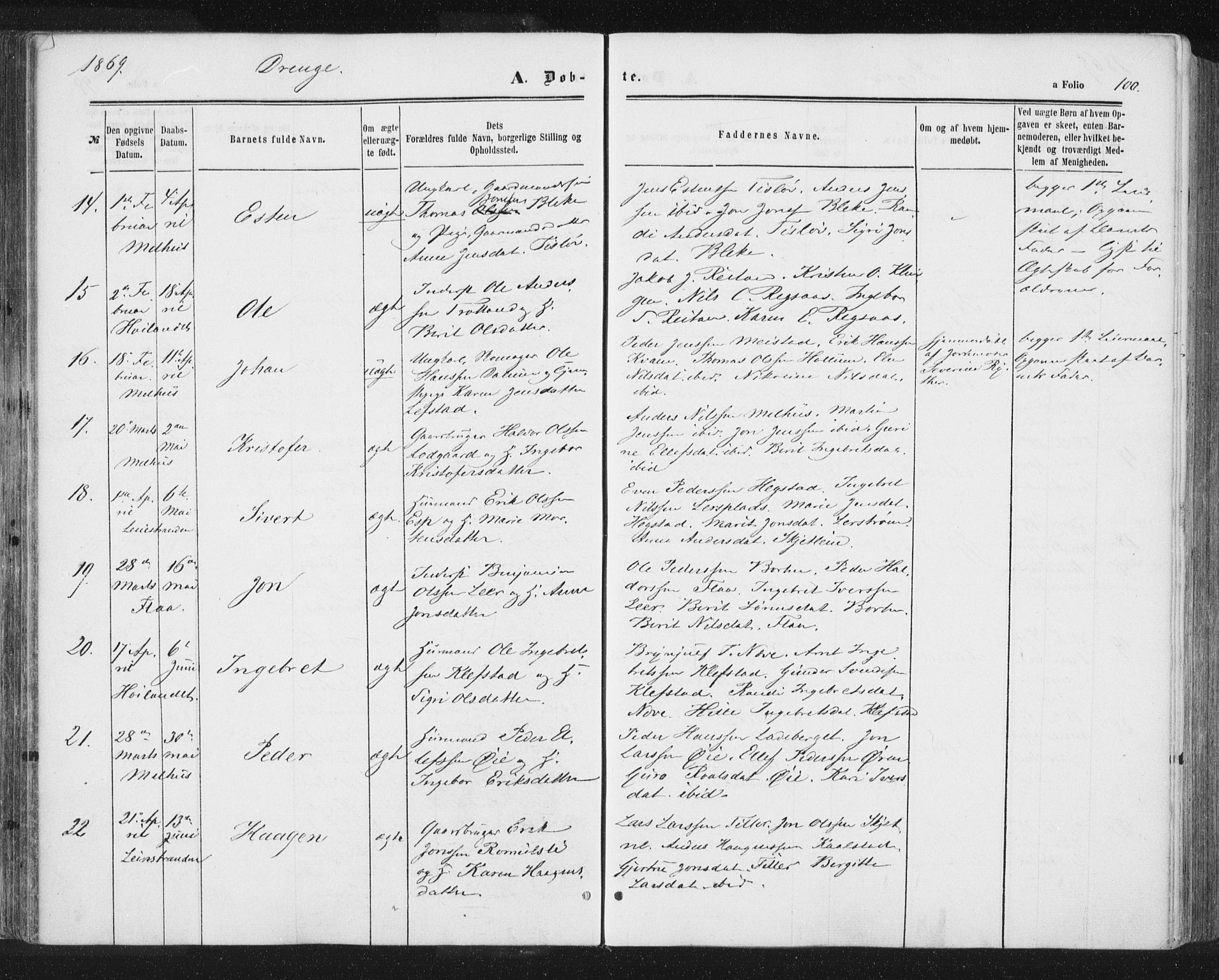 Ministerialprotokoller, klokkerbøker og fødselsregistre - Sør-Trøndelag, AV/SAT-A-1456/691/L1077: Ministerialbok nr. 691A09, 1862-1873, s. 100