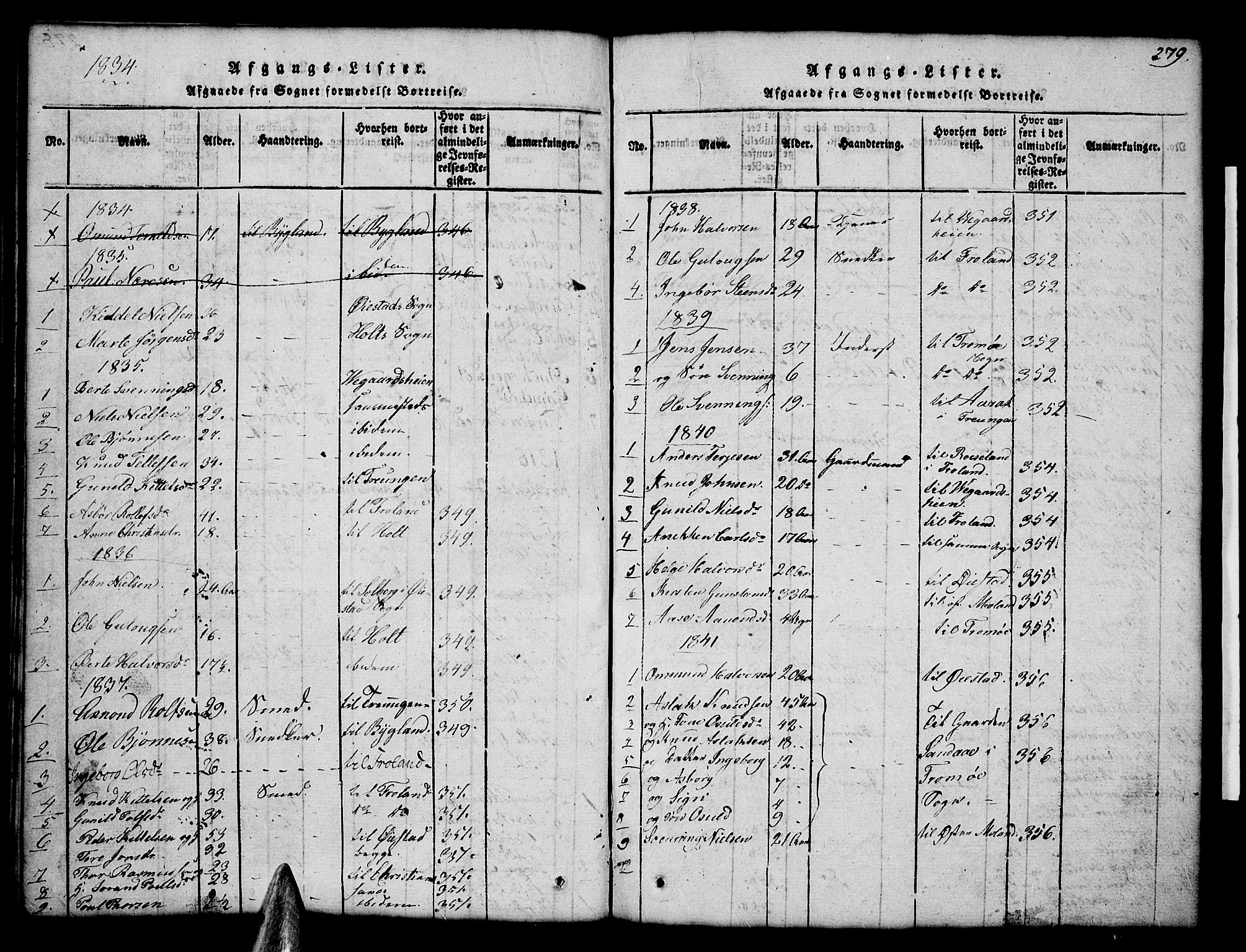 Åmli sokneprestkontor, SAK/1111-0050/F/Fb/Fbc/L0001: Klokkerbok nr. B 1, 1816-1867, s. 279