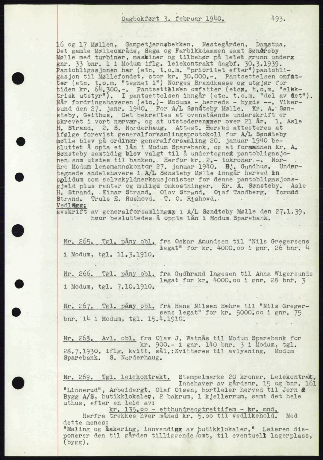 Eiker, Modum og Sigdal sorenskriveri, SAKO/A-123/G/Ga/Gab/L0041: Pantebok nr. A11, 1939-1940, Dagboknr: 265/1940