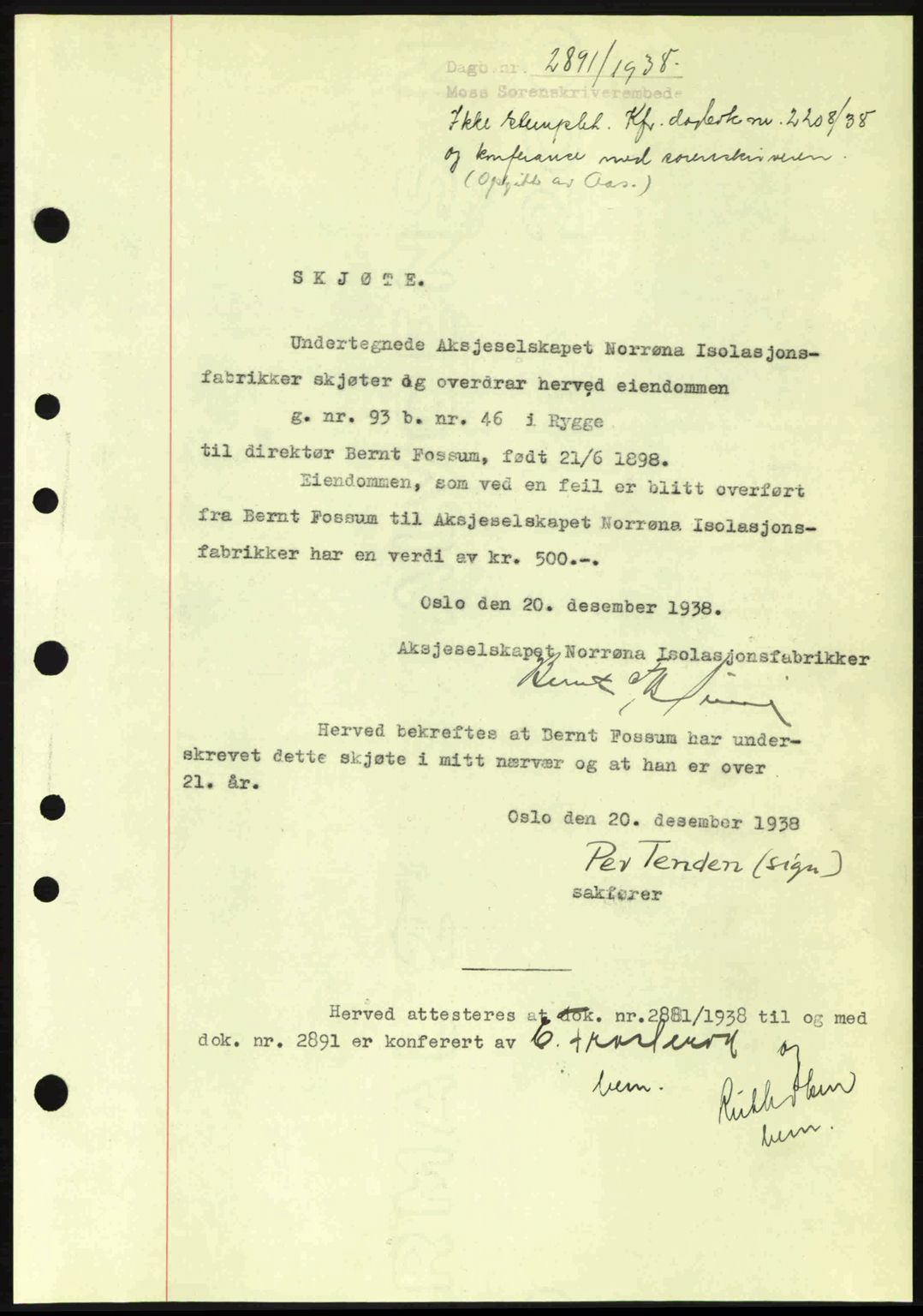 Moss sorenskriveri, SAO/A-10168: Pantebok nr. A5, 1938-1939, Dagboknr: 2891/1938