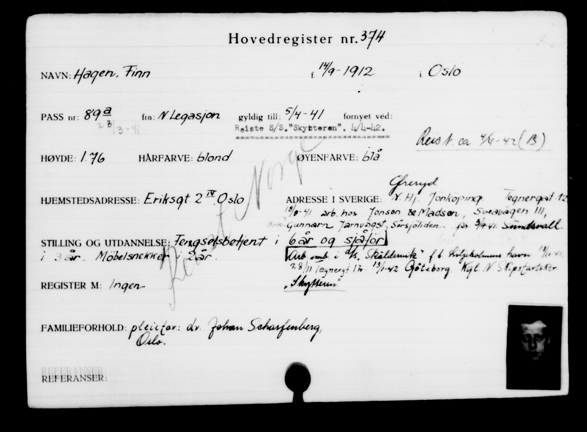 Utenriksstasjonene, Legasjonen i Stockholm, Flyktningkontoret, AV/RA-S-6753/V/Va/L0001: Kjesäterkartoteket, flyktninger med registreringsnr. 1-1000, 1940-1945, s. 590