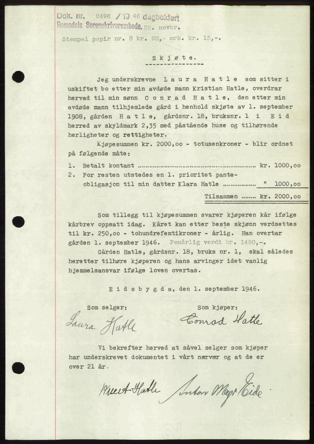 Romsdal sorenskriveri, AV/SAT-A-4149/1/2/2C: Pantebok nr. A21, 1946-1946, Dagboknr: 2496/1946